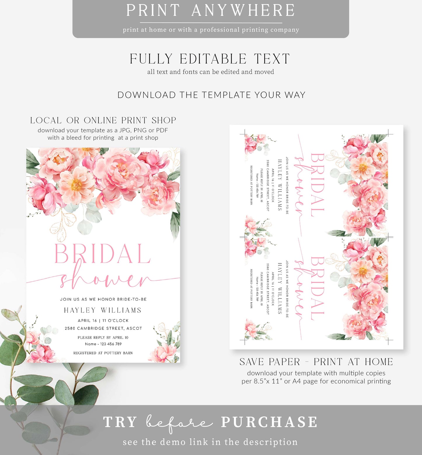 Piper Floral White | Printable Bridal Shower Invitation Suite Template