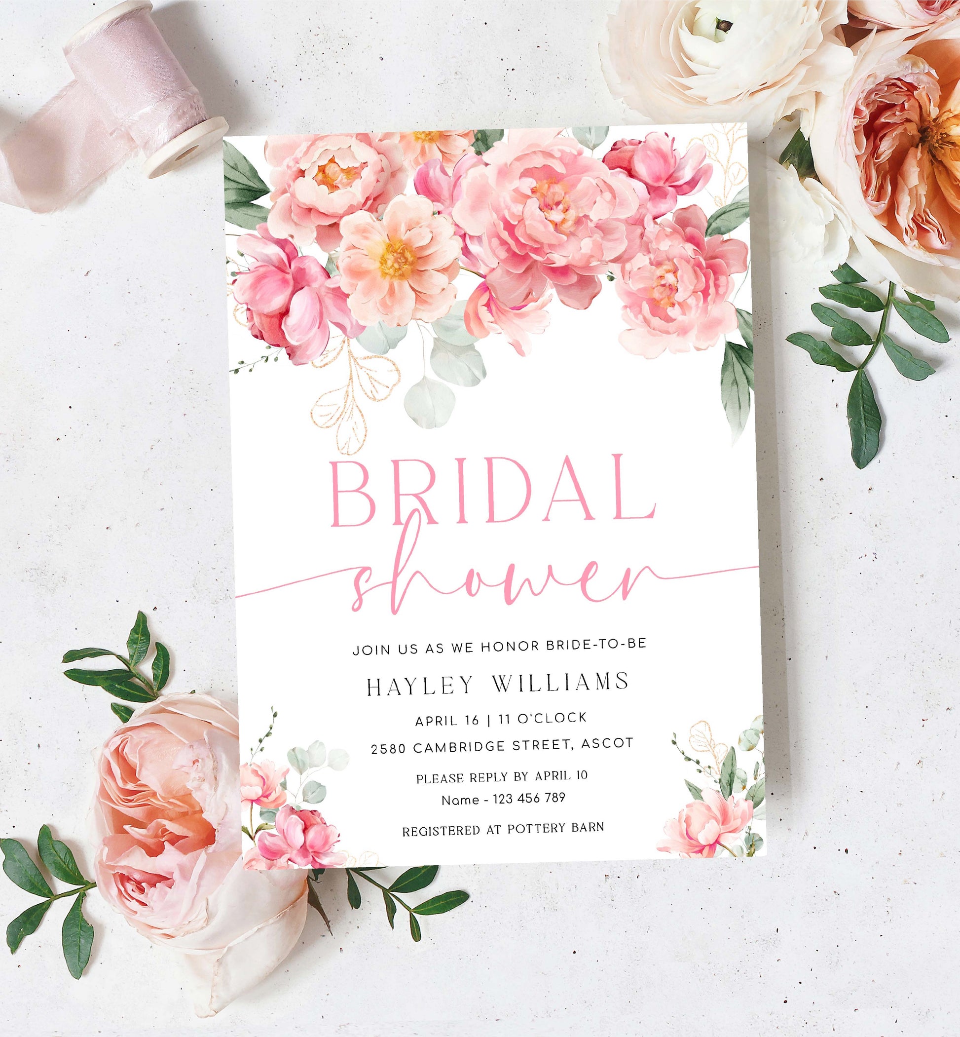 Peony Bridal Shower Invitation Suite, Finer Details, Thank You Card, Printable Hot Pink Blush Peony Floral Bridal Shower Invite, Piper