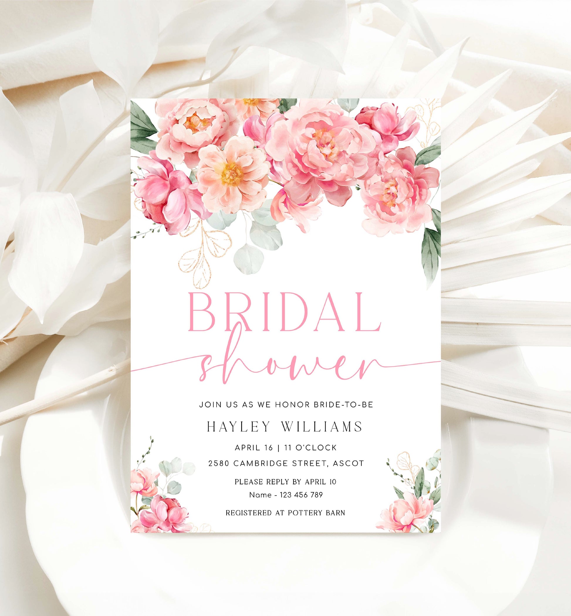 Peony Bridal Shower Invitation Suite, Finer Details, Thank You Card, Printable Hot Pink Blush Peony Floral Bridal Shower Invite, Piper