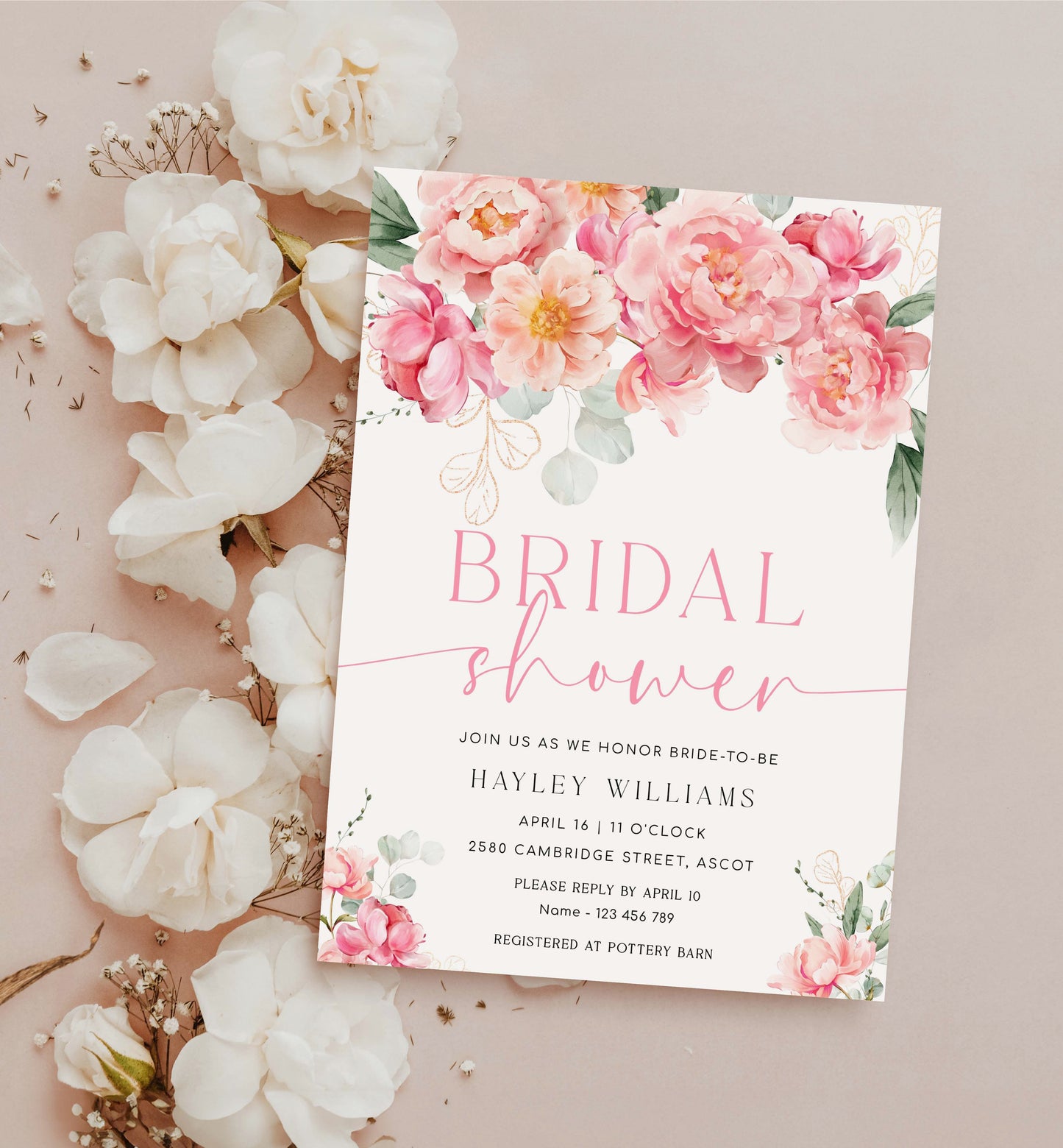 Peony Bridal Shower Invitation Suite, Finer Details, Thank You Card, Printable Hot Pink Blush Peony Floral Bridal Shower Invite, Piper