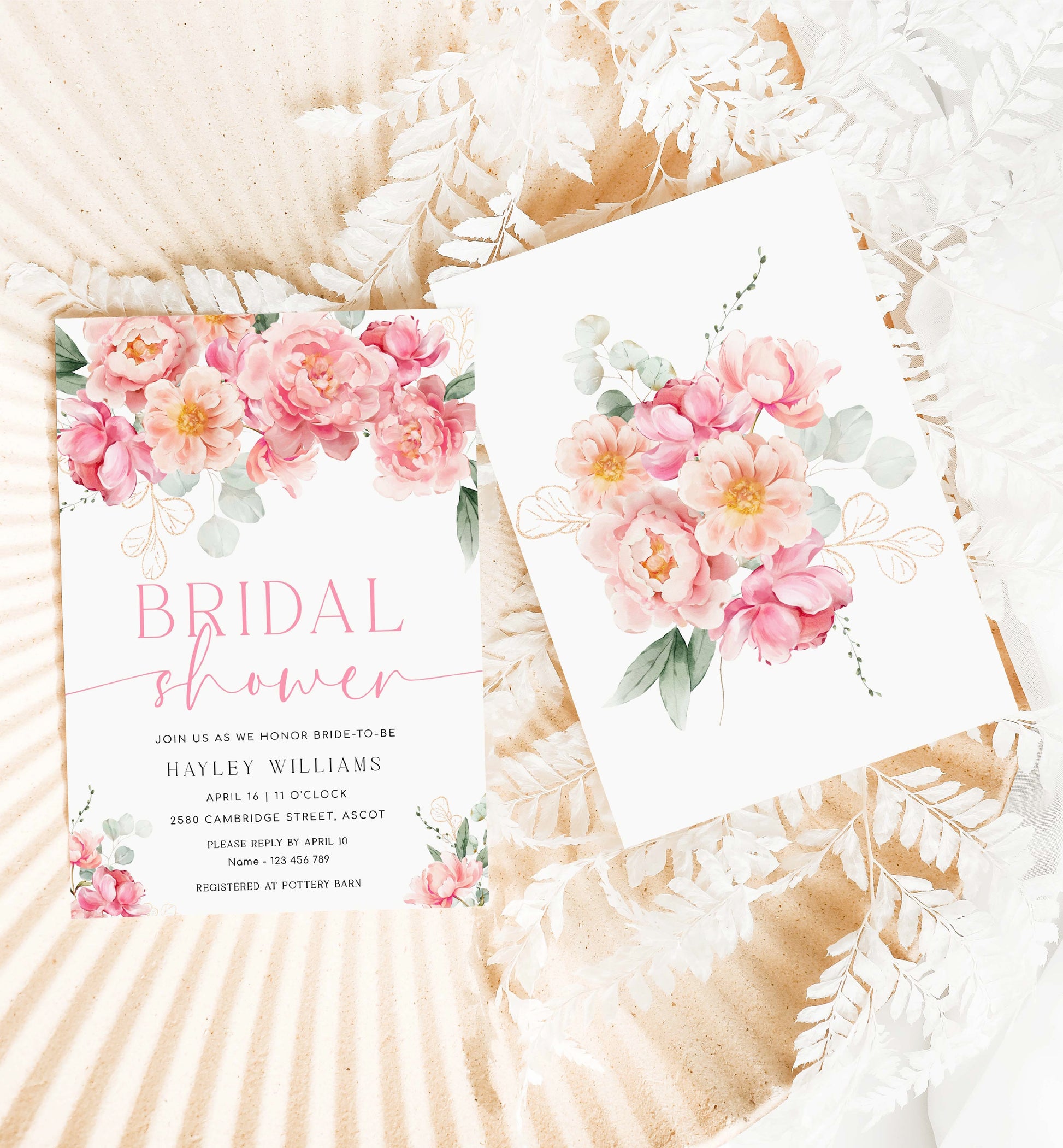 Peony Bridal Shower Invitation Suite, Finer Details, Thank You Card, Printable Hot Pink Blush Peony Floral Bridal Shower Invite, Piper