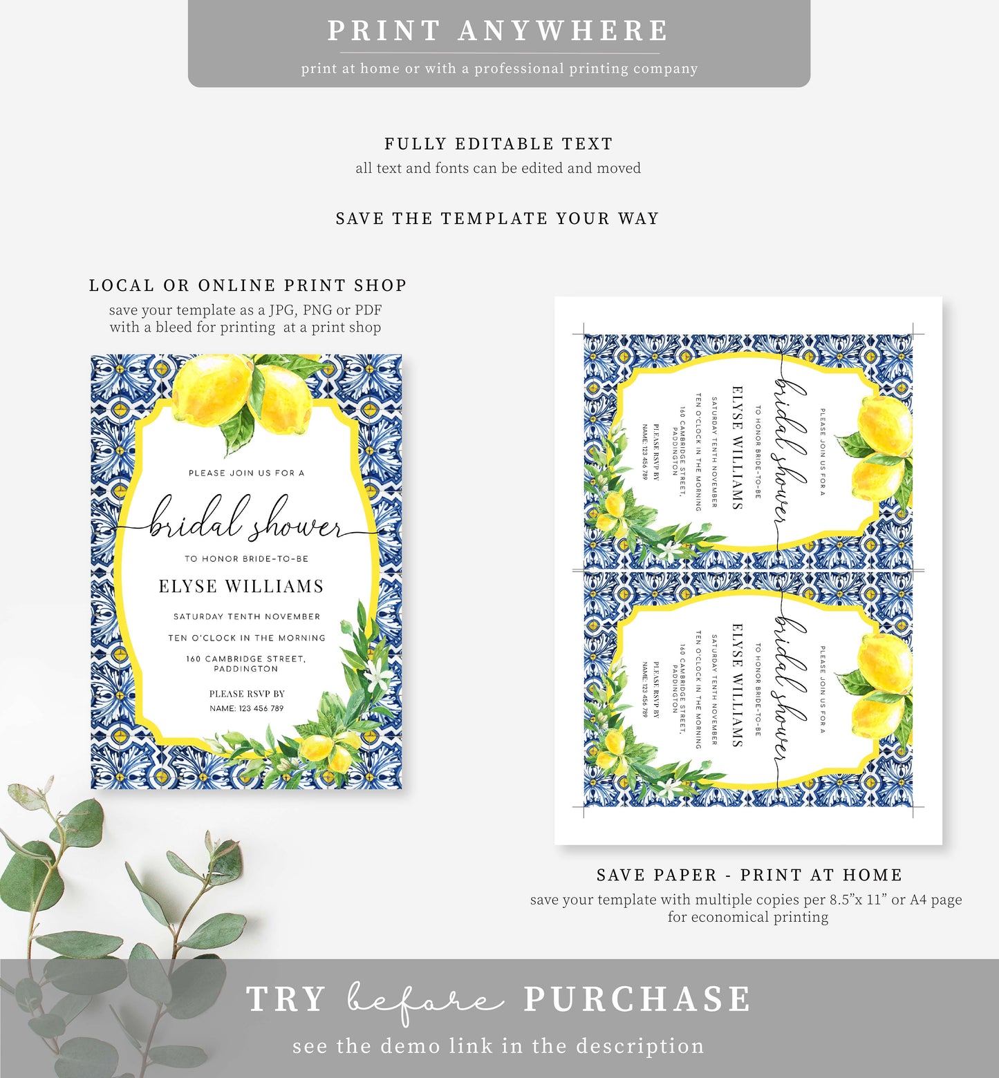 Positano Lemons | Printable Bridal Shower Invitation Suite Template