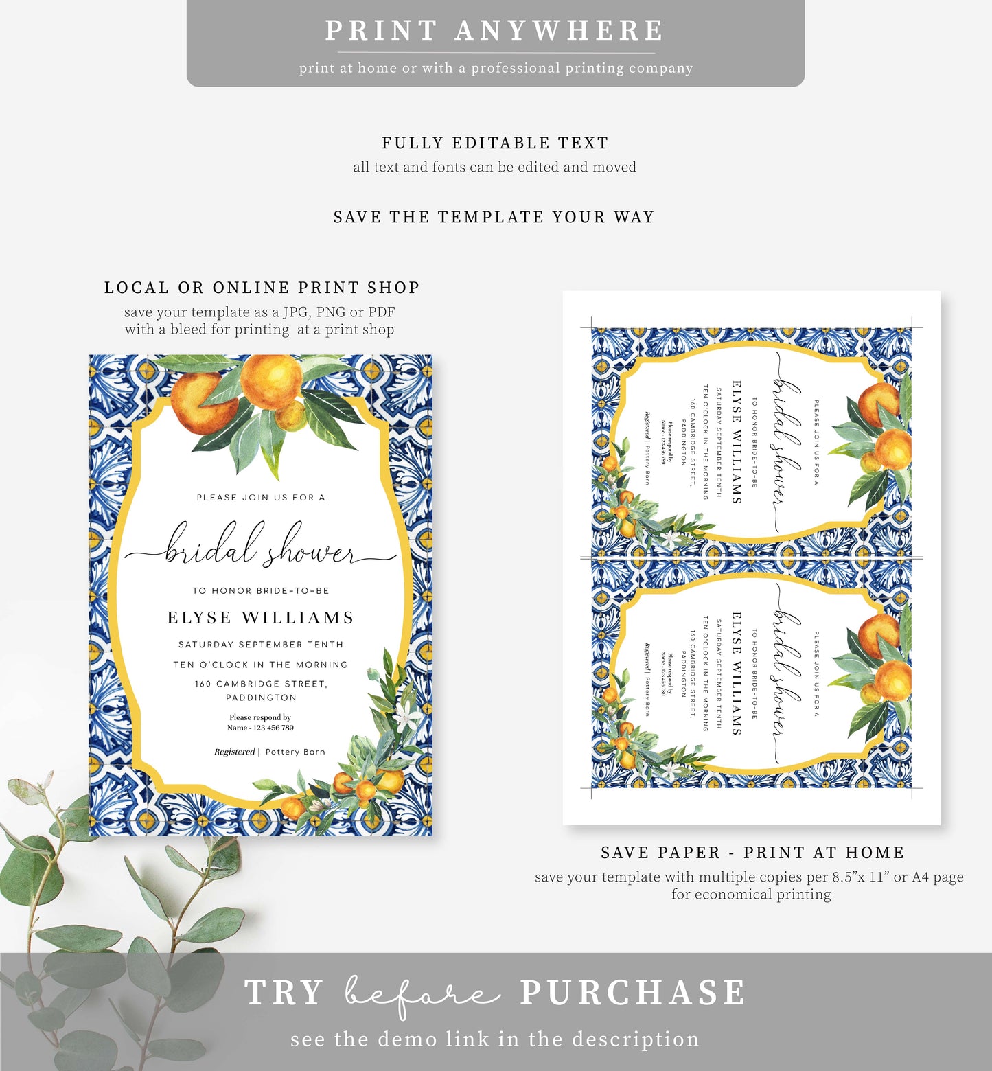 Positano Oranges | Printable Bridal Shower Invitation Suite Template