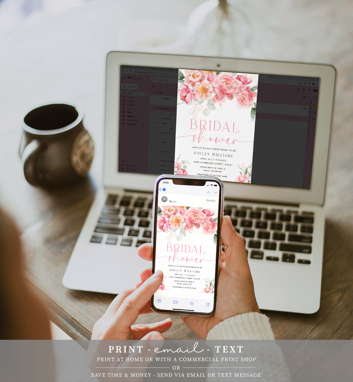 Computer Printable Shower Invitations Piper Floral White | Printable Bridal Shower Invitation Template ...