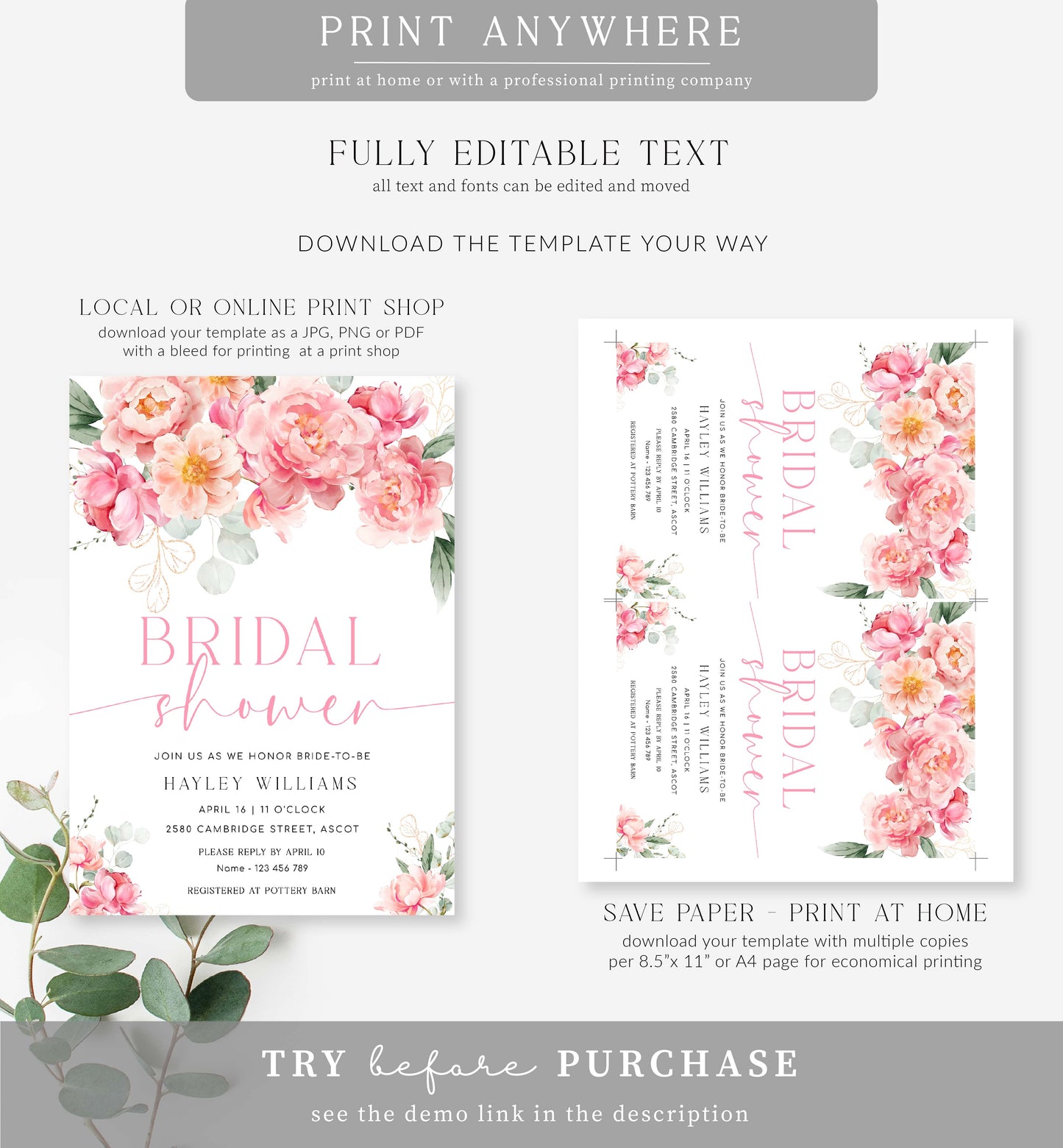 Piper Floral White | Printable Bridal Shower Invitation Template