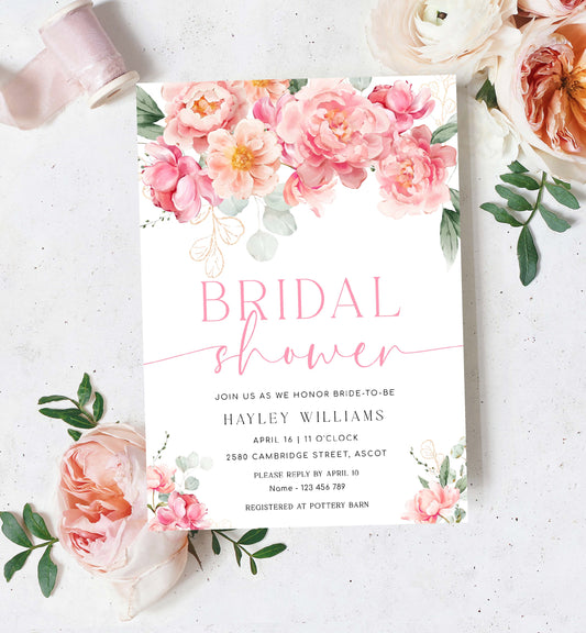 Peony Bridal Shower Invitation Template, Printable Blush Peony Floral Bridal Shower Invite, Hot Pink Floral Bridal Shower, Piper