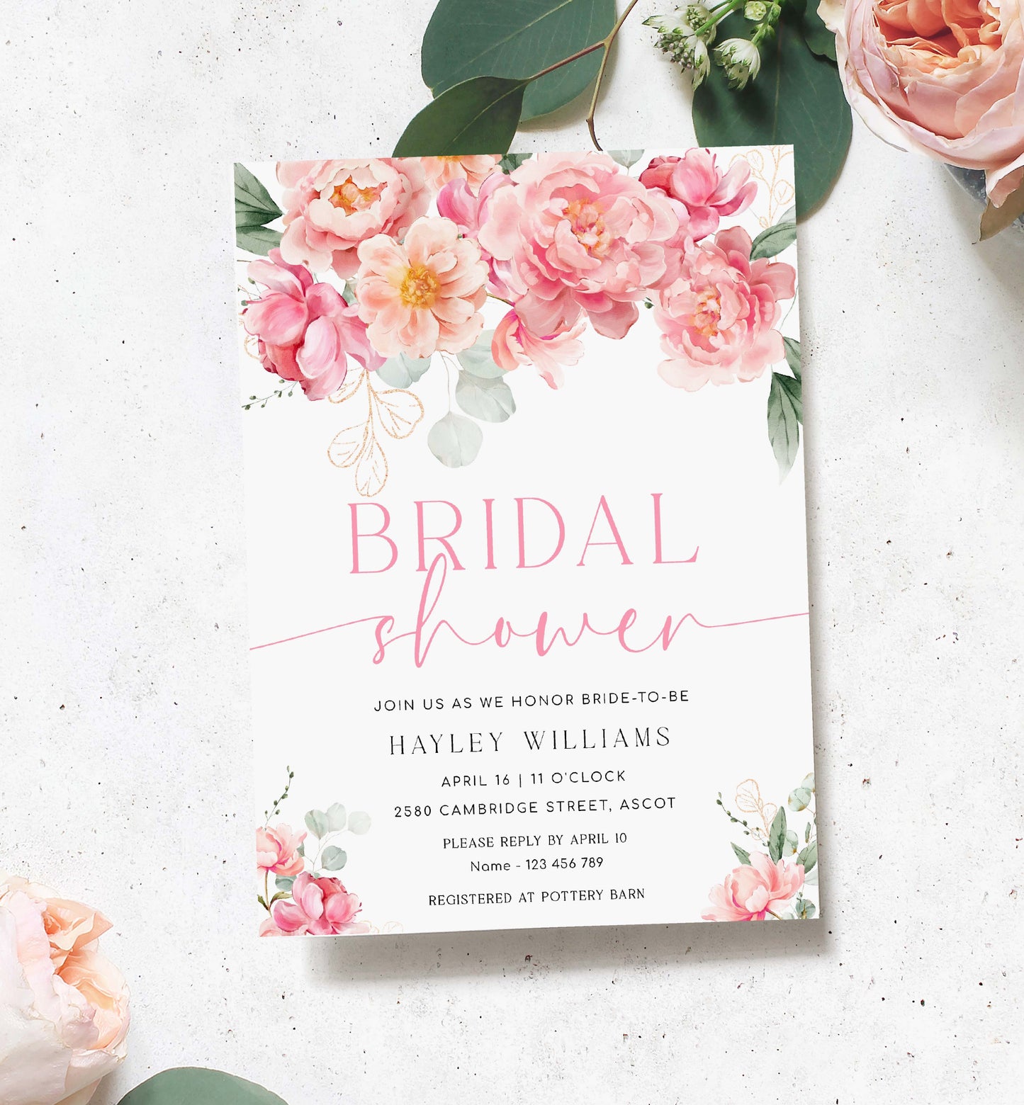 Peony Bridal Shower Invitation Template, Printable Blush Peony Floral Bridal Shower Invite, Hot Pink Floral Bridal Shower, Piper