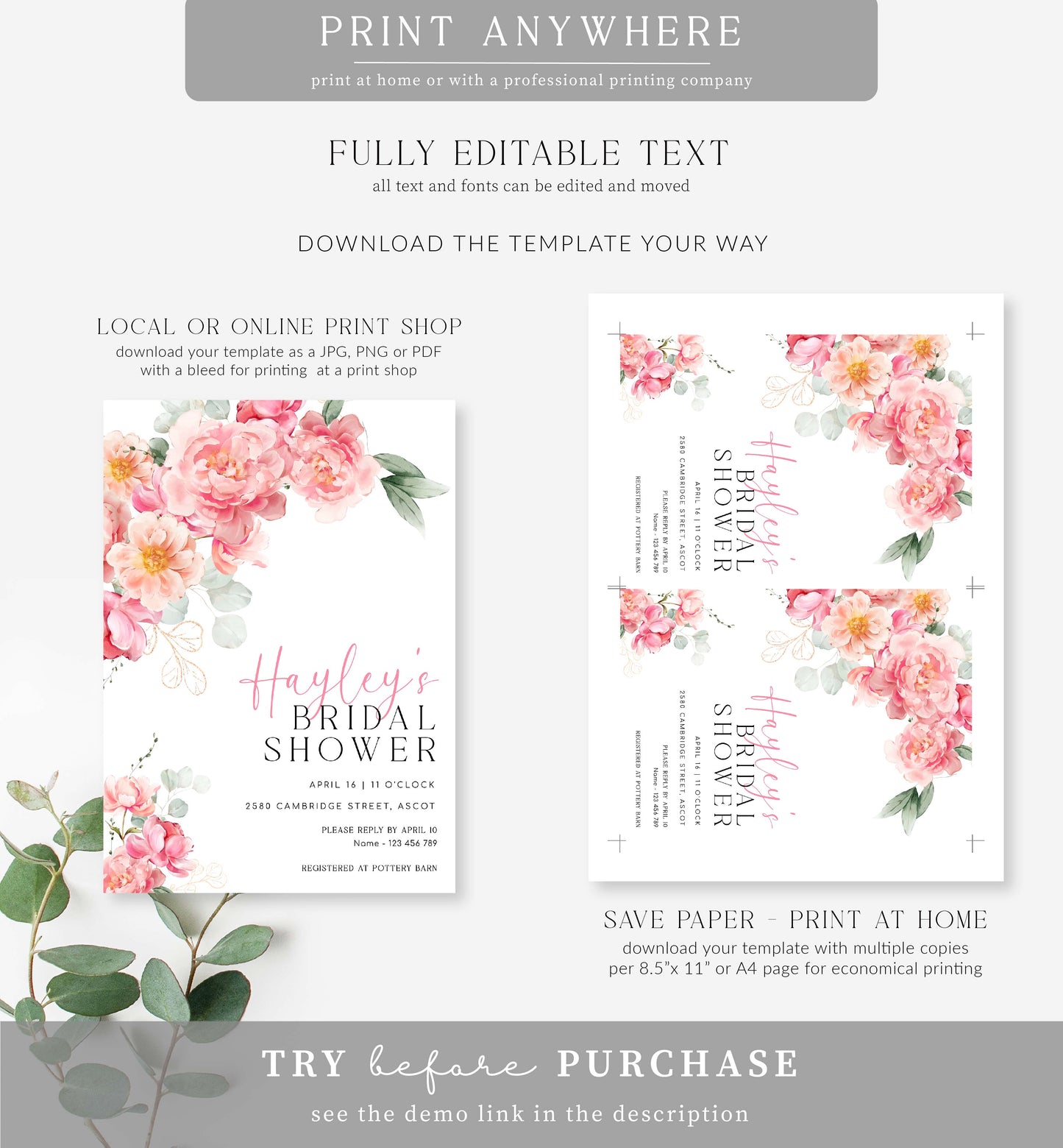 Piper Floral White | Printable Bridal Shower Invitation Template