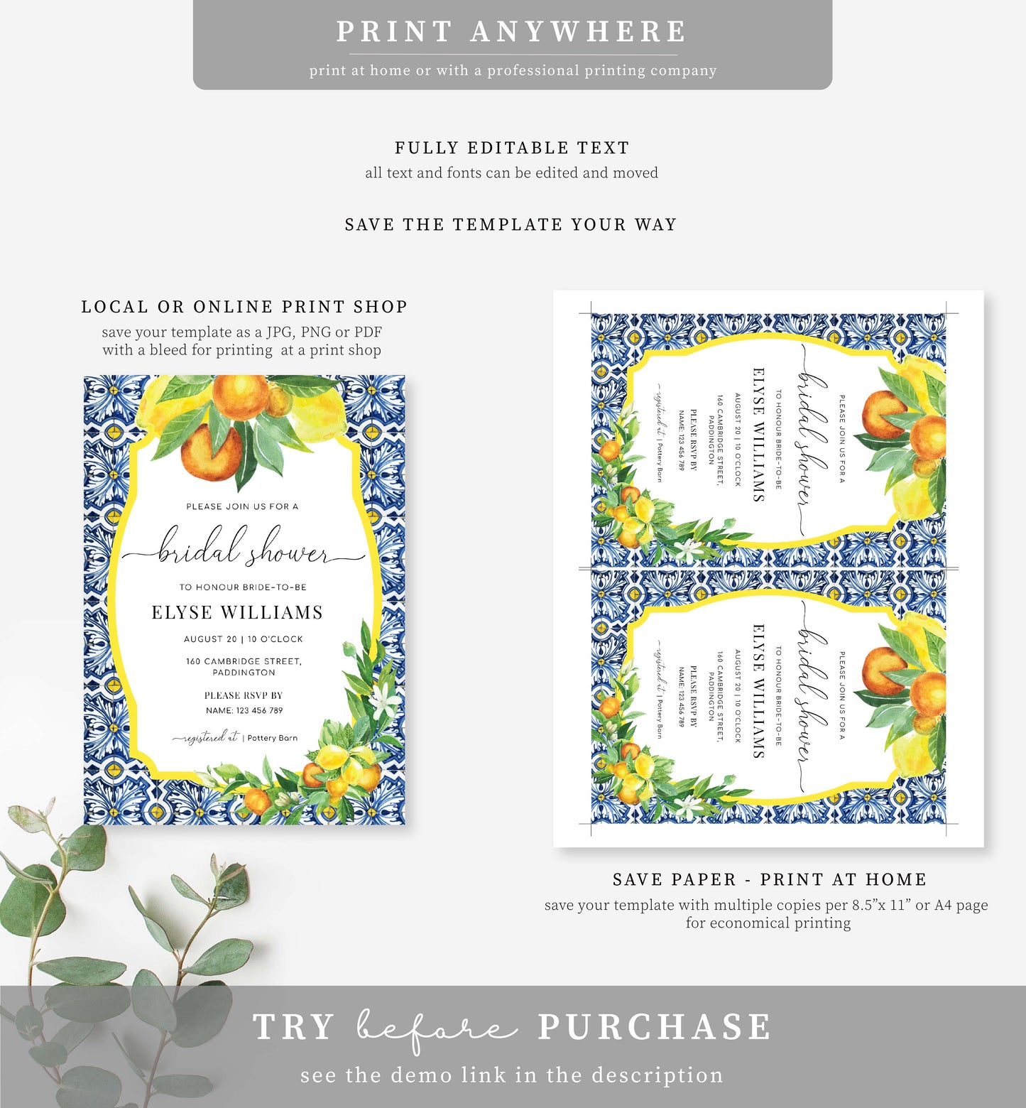 Positano Oranges Lemons | Printable Bridal Shower Invitation Template