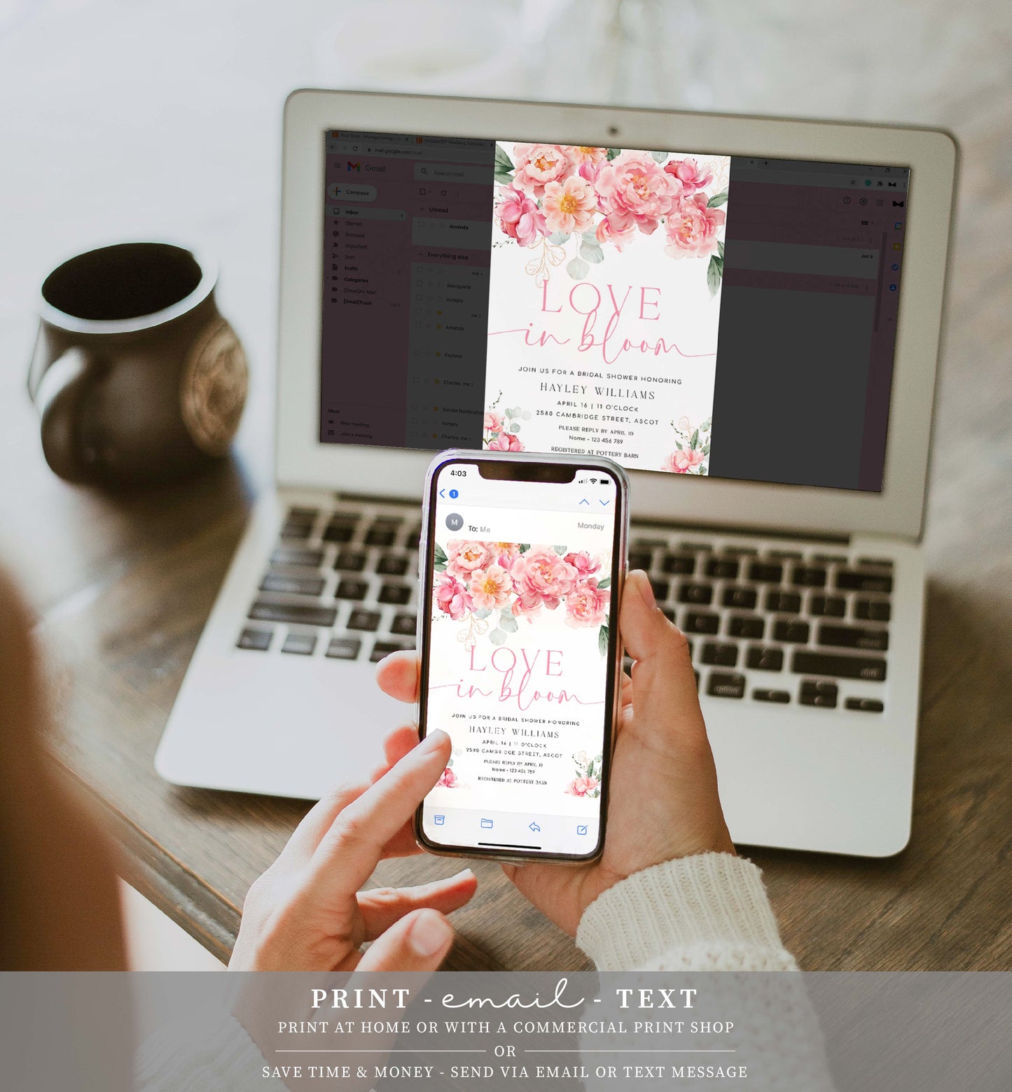 Love In Bloom Bridal Shower Invitation Template, Printable Blush Peony Floral Bridal Shower Invite, Spring Floral Bridal Shower, Piper