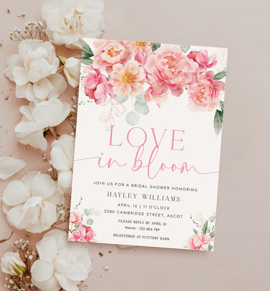 Love In Bloom Bridal Shower Invitation Template, Printable Blush Peony Floral Bridal Shower Invite, Spring Floral Bridal Shower, Piper