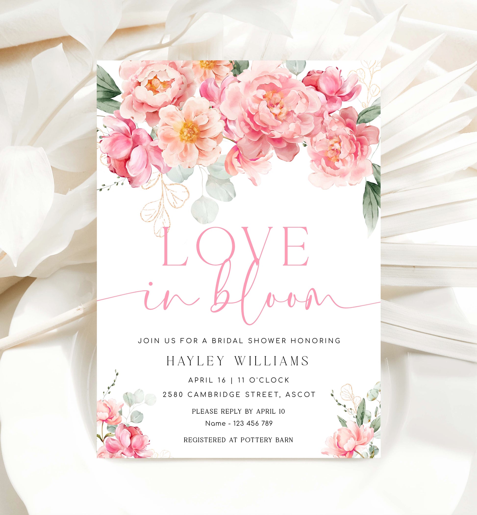 Love In Bloom Bridal Shower Invitation Template, Printable Blush Peony Floral Bridal Shower Invite, Spring Floral Bridal Shower, Piper