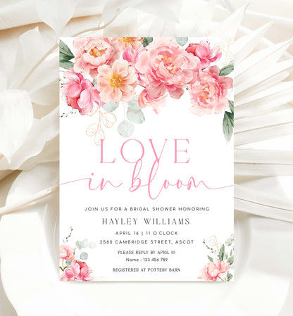Love In Bloom Bridal Shower Invitation Template, Printable Blush Peony Floral Bridal Shower Invite, Spring Floral Bridal Shower, Piper