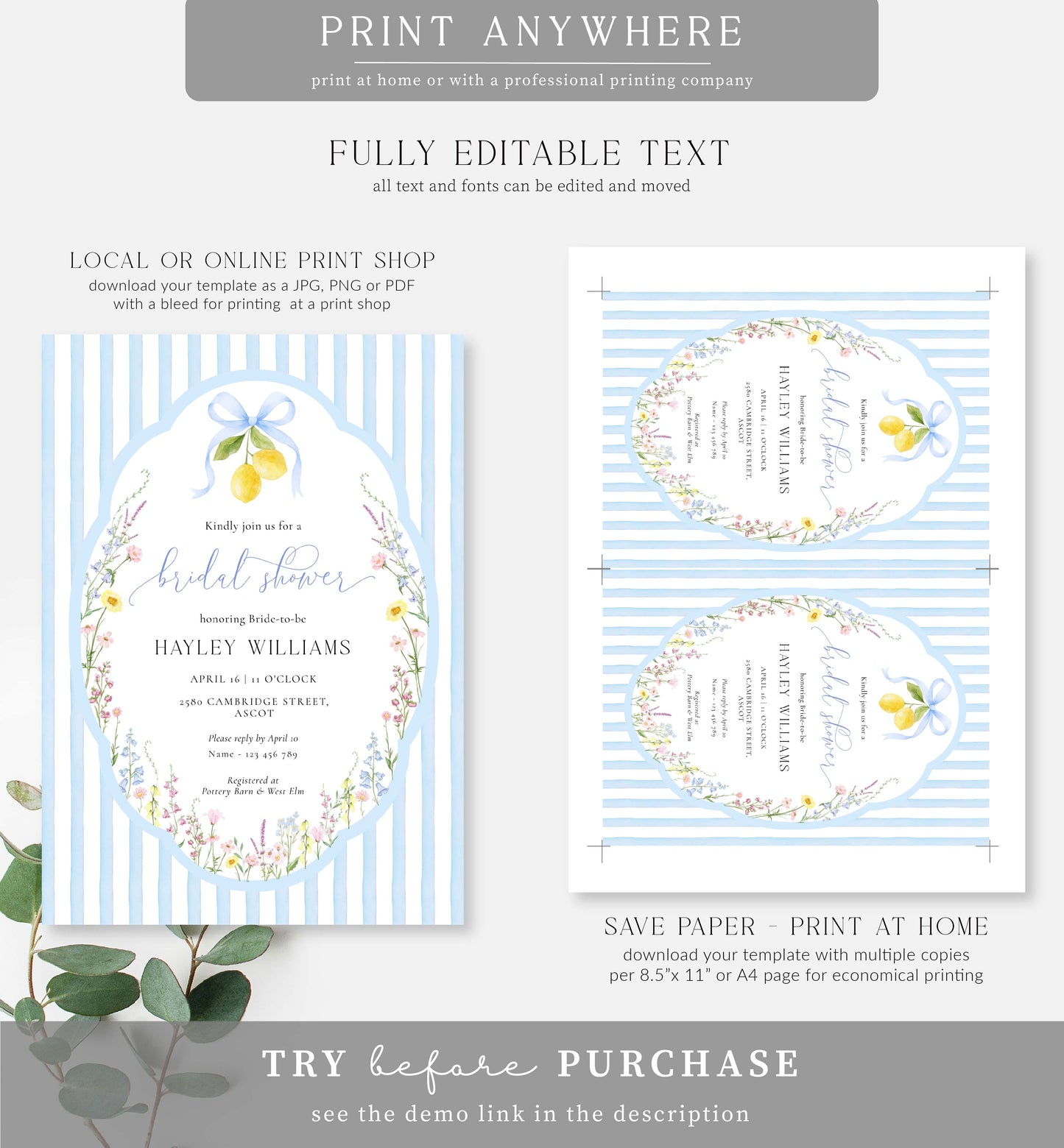 Posey Blue | Printable Bridal Shower Invitation Template