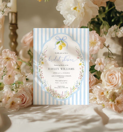 Floral-themed bridal shower invitation with striped border surrounded by pink and white flowers. Printable Bridal Shower Invitation Template, Something Blue Bridal Shower Invite, Spring Wildflower Bridal Brunch Evite, Posey