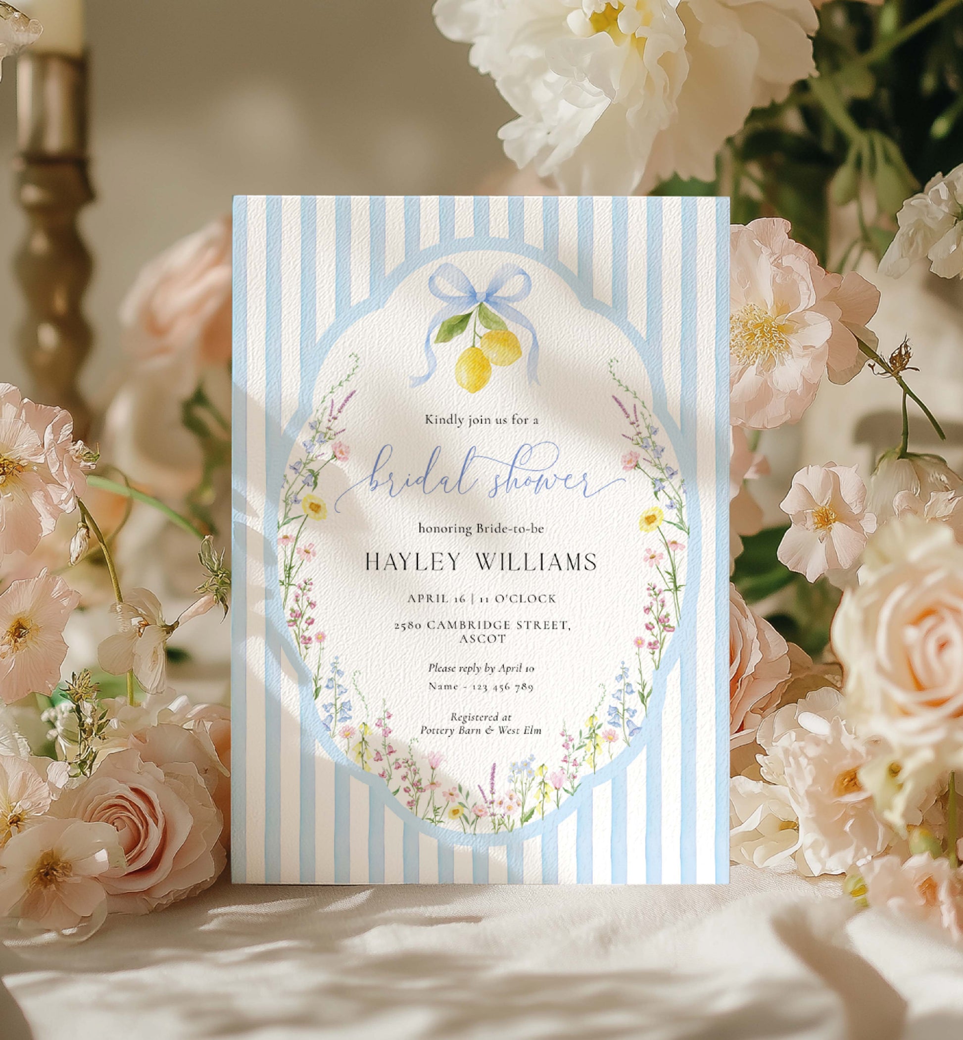 Floral bridal shower invitation with striped border surrounded by flowers. Printable Bridal Shower Invitation Template, Something Blue Bridal Shower Invite, Spring Wildflower Bridal Brunch Evite, Posey