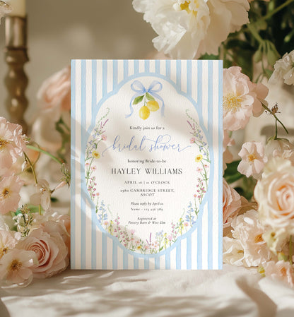 Floral bridal shower invitation with striped border surrounded by flowers. Printable Bridal Shower Invitation Template, Something Blue Bridal Shower Invite, Spring Wildflower Bridal Brunch Evite, Posey