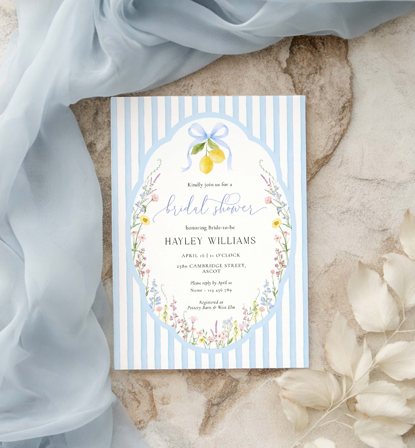 Bridal shower invitation card with floral design and lemon decorations on a marble surface with fabric and flowers. Printable Bridal Shower Invitation Template, Something Blue Bridal Shower Invite, Spring Wildflower Bridal Brunch Evite, Posey