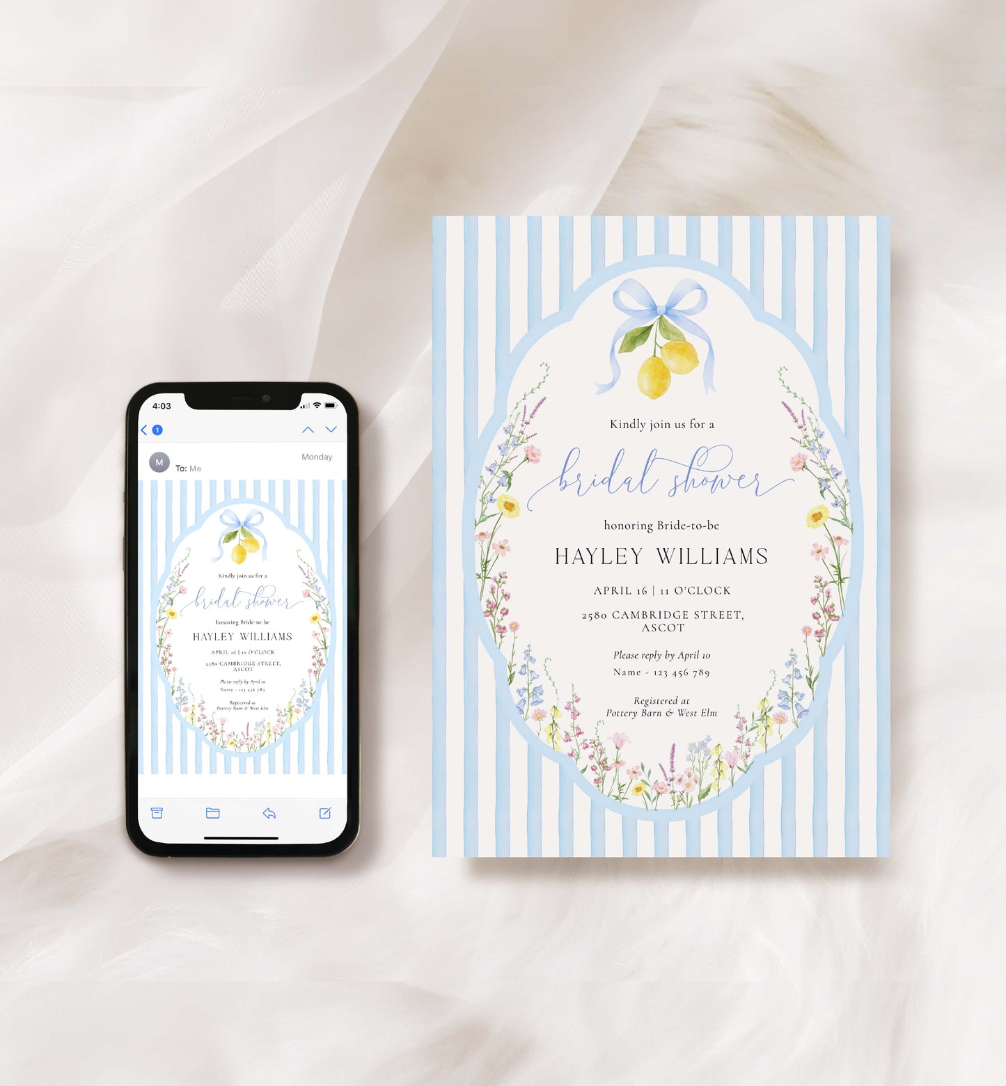 Bridal shower invitation with smartphone displaying the same design on a white background. Printable Bridal Shower Invitation Template, Something Blue Bridal Shower Invite, Spring Wildflower Bridal Brunch Evite, Posey