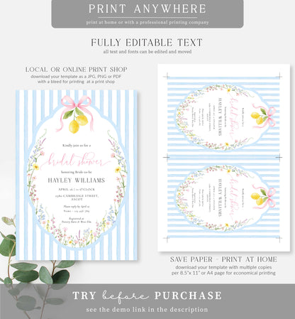 Posey Blue Pink | Printable Bridal Shower Invitation Template