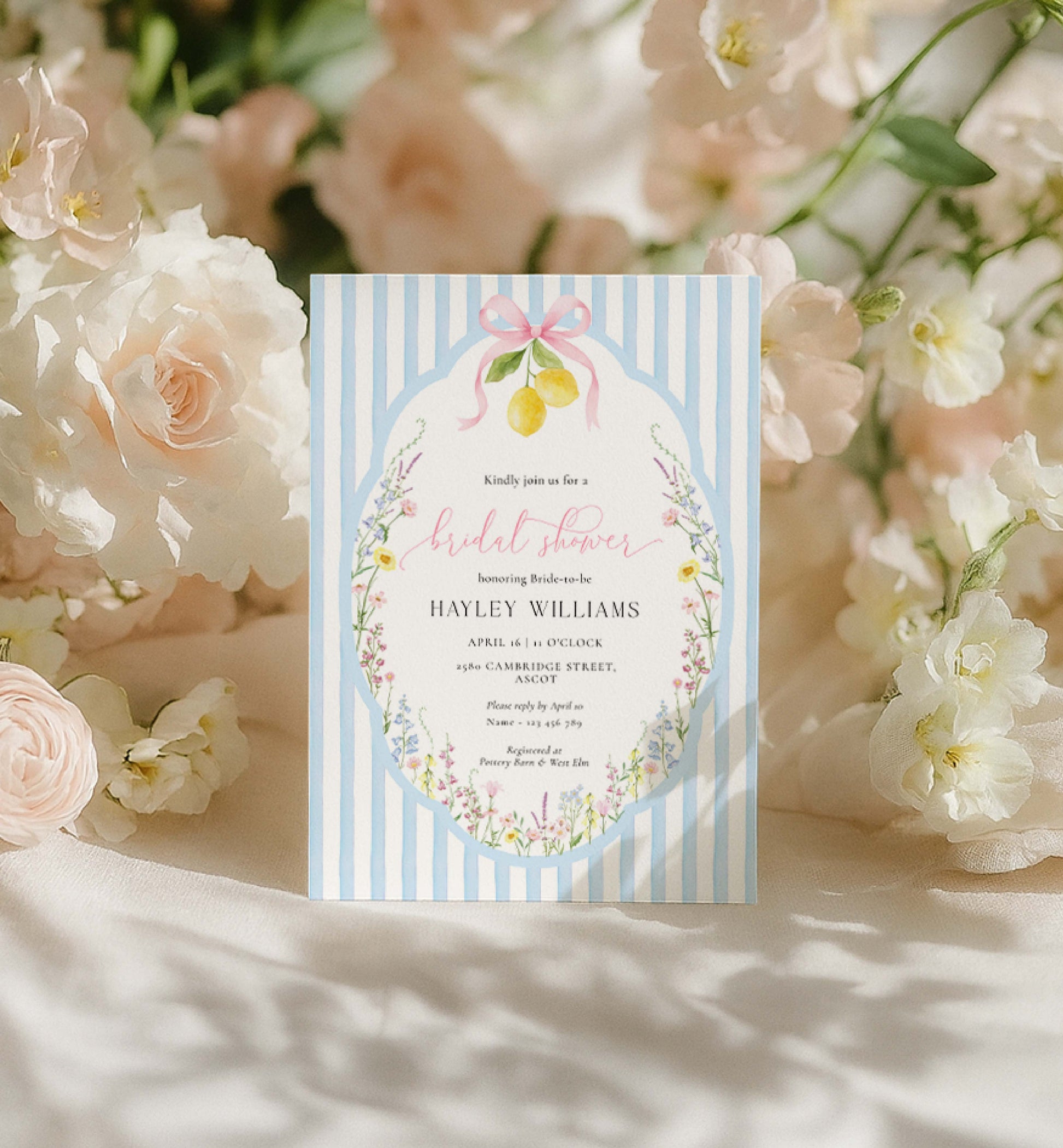 Floral invitation card with striped border on a floral background. Printable Bridal Shower Invitation Template, Something Blue Bridal Shower Invite, Spring Wildflower Bridal Brunch Evite, Posey
