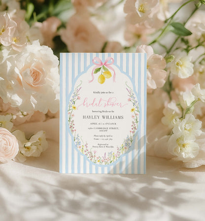 Floral invitation card with striped border on a floral background. Printable Bridal Shower Invitation Template, Something Blue Bridal Shower Invite, Spring Wildflower Bridal Brunch Evite, Posey