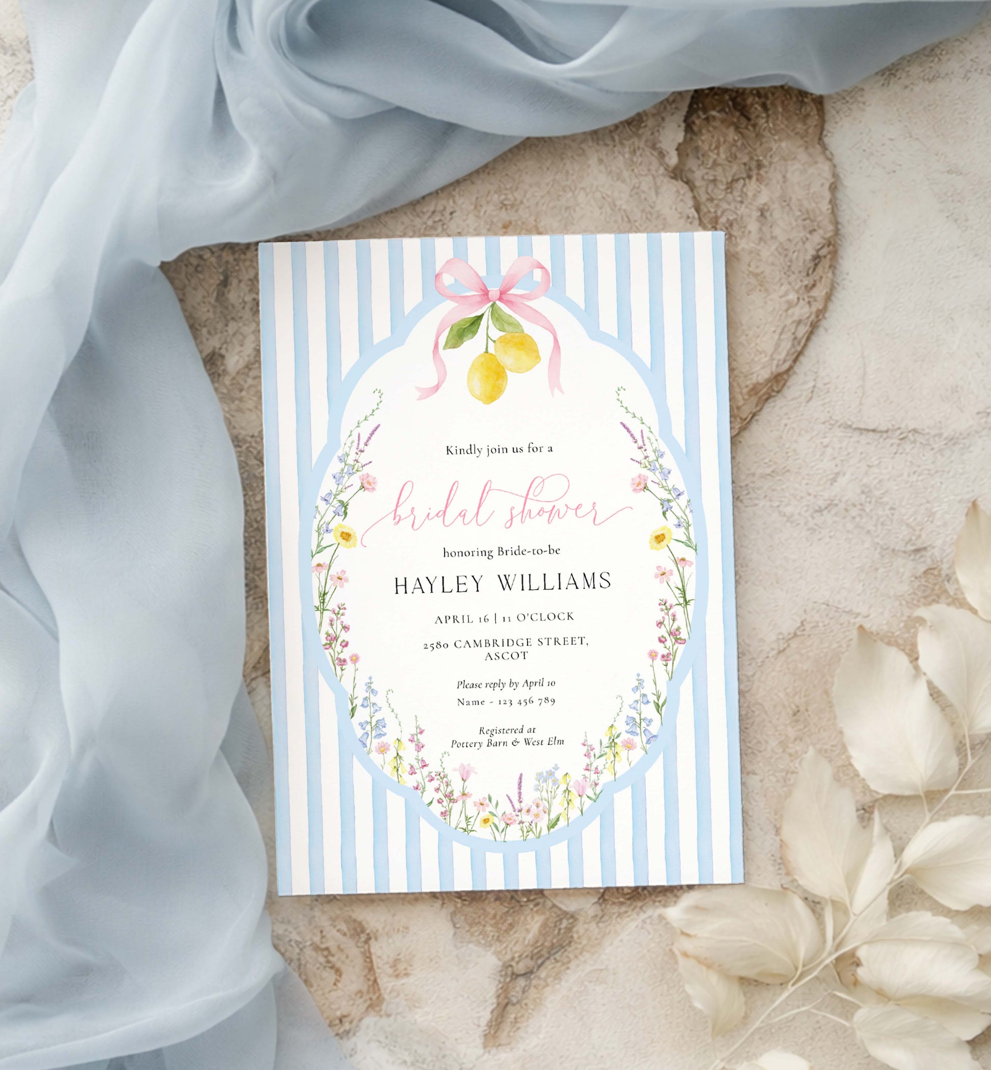 Bridal shower invitation with floral design and lemon decorations on a striped background. Printable Bridal Shower Invitation Template, Something Blue Bridal Shower Invite, Spring Wildflower Bridal Brunch Evite, Posey