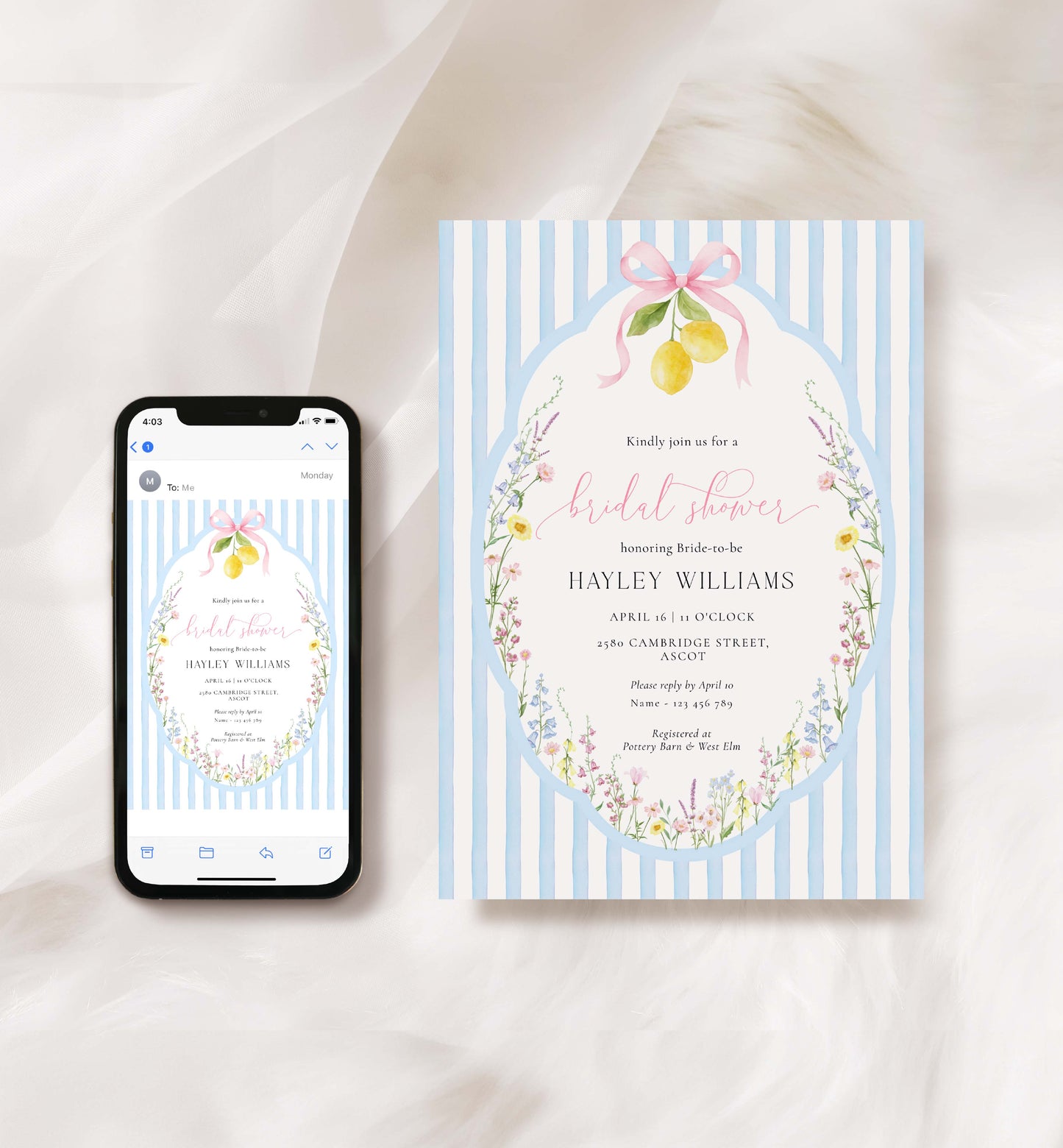 Bridal shower invitation on a phone screen and physical card with lemon and flower design. Printable Bridal Shower Invitation Template, Something Blue Bridal Shower Invite, Spring Wildflower Bridal Brunch Evite, Posey