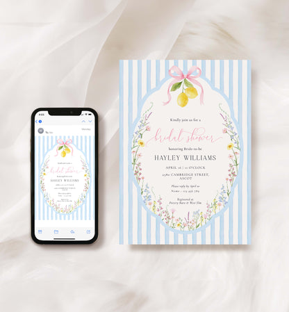 Bridal shower invitation on a phone screen and physical card with lemon and flower design. Printable Bridal Shower Invitation Template, Something Blue Bridal Shower Invite, Spring Wildflower Bridal Brunch Evite, Posey
