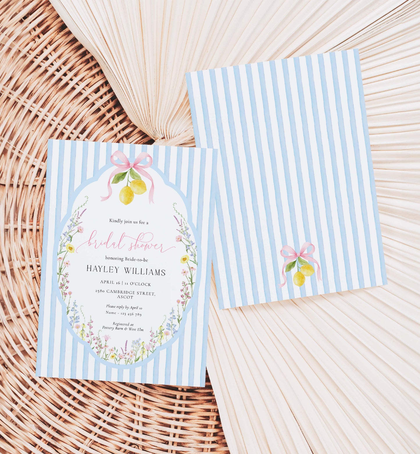 Hedding shower invitation with blue and white striped envelope on a woven surface. Printable Bridal Shower Invitation Template, Something Blue Bridal Shower Invite, Spring Wildflower Bridal Brunch Evite, Posey