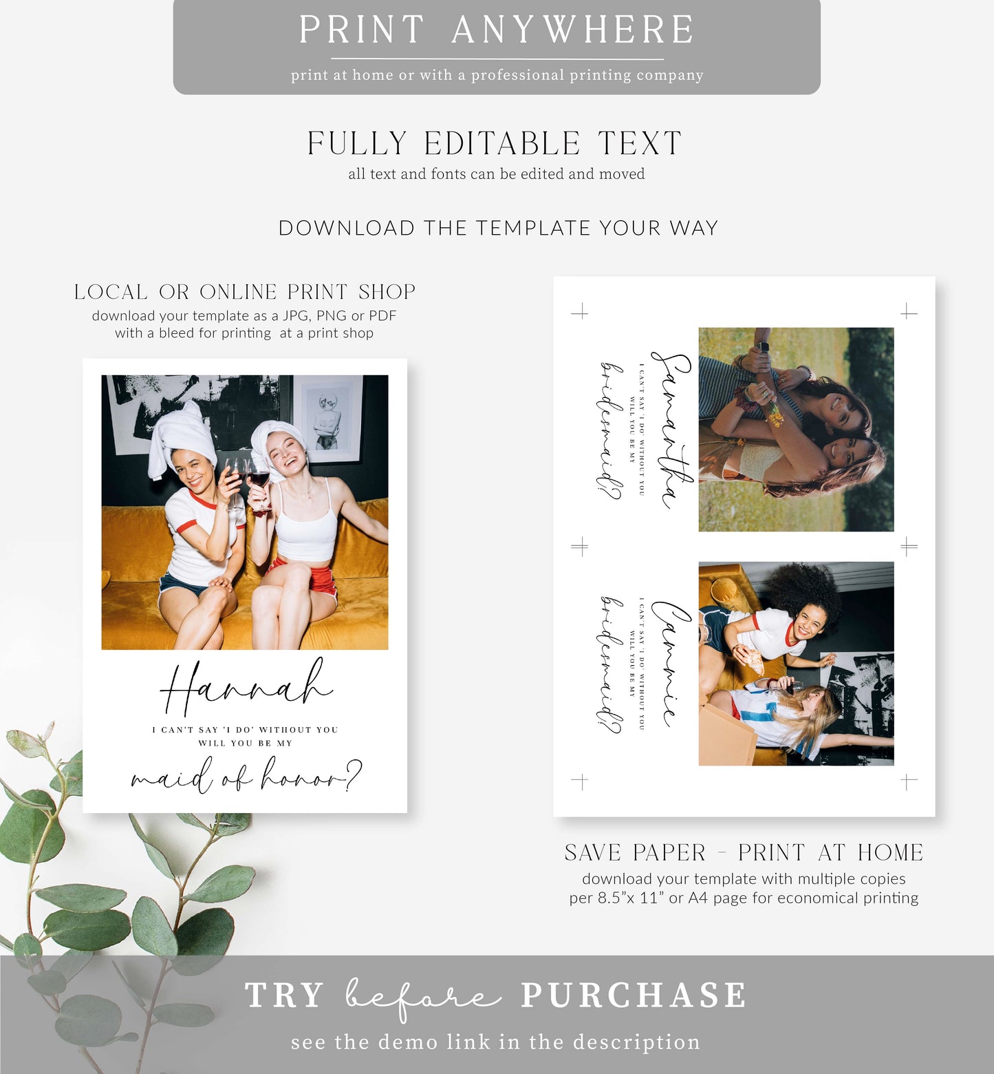 Quest Script White | Printable Bridesmaid Proposal Photo Card Template