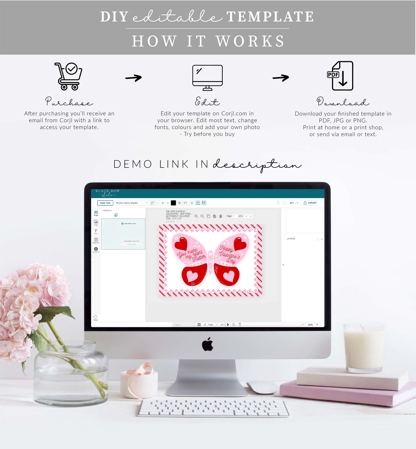 Stripe Red Pink | Printable Butterfly Valentine Lollipop Tag Template