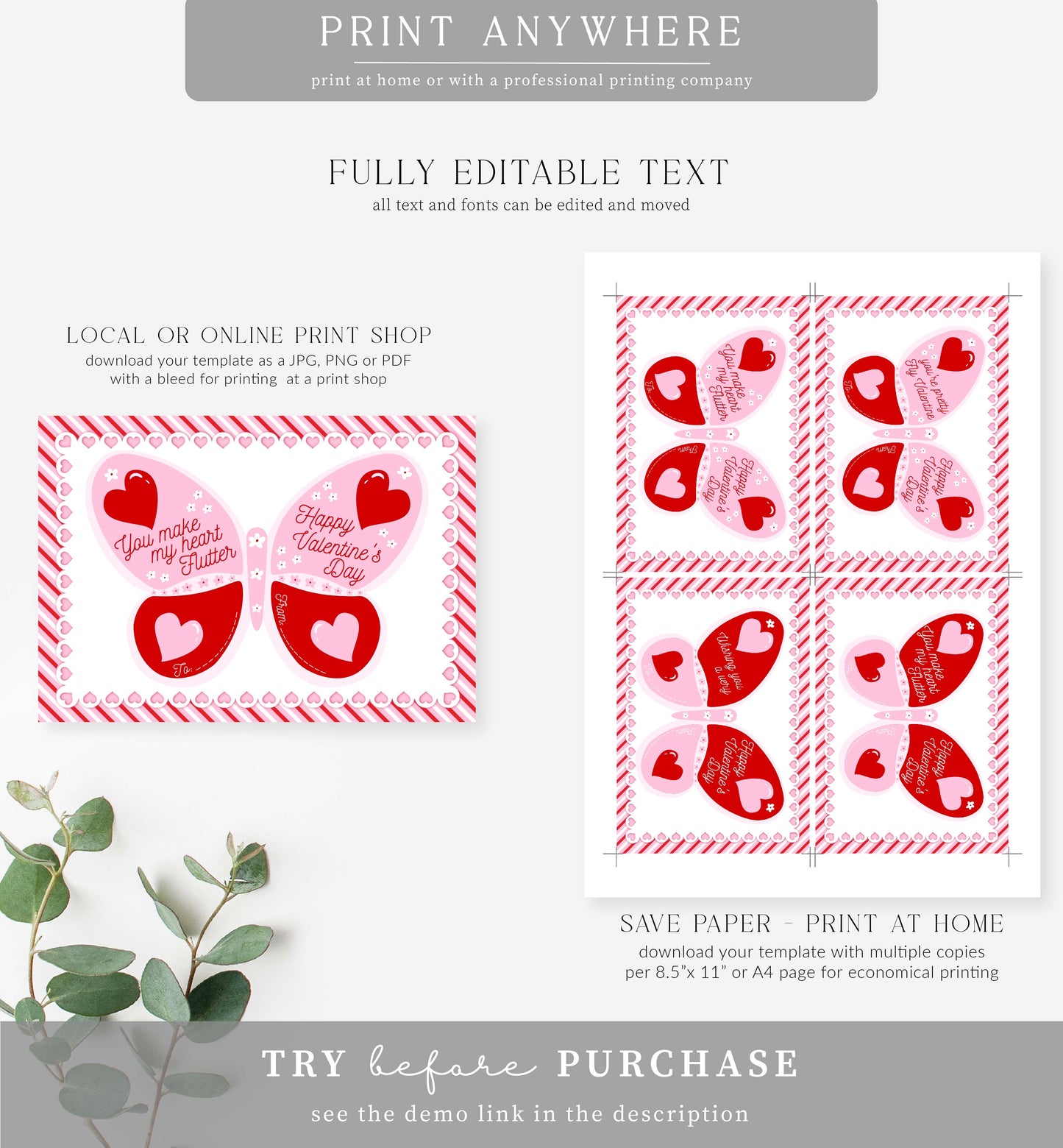 Stripe Red Pink | Printable Butterfly Valentine Lollipop Tag Template