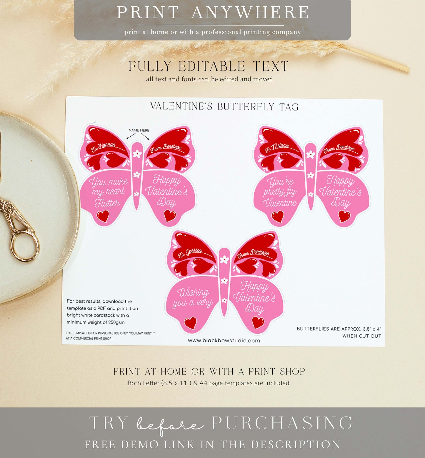 Valentine Red Pink | Printable Butterfly Lollipop Tag Template