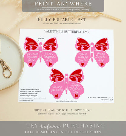 Valentine Red Pink | Printable Butterfly Lollipop Tag Template