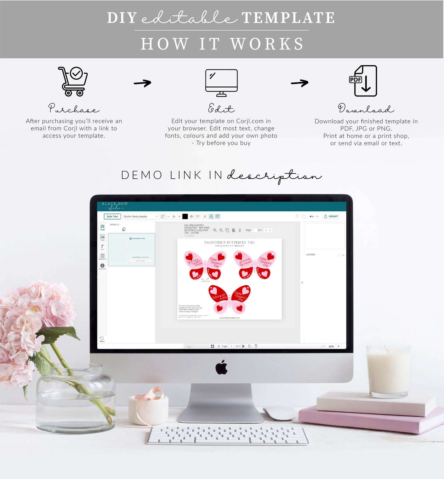 Stripe Red Pink | Printable Butterfly Valentine Lollipop Tag Template