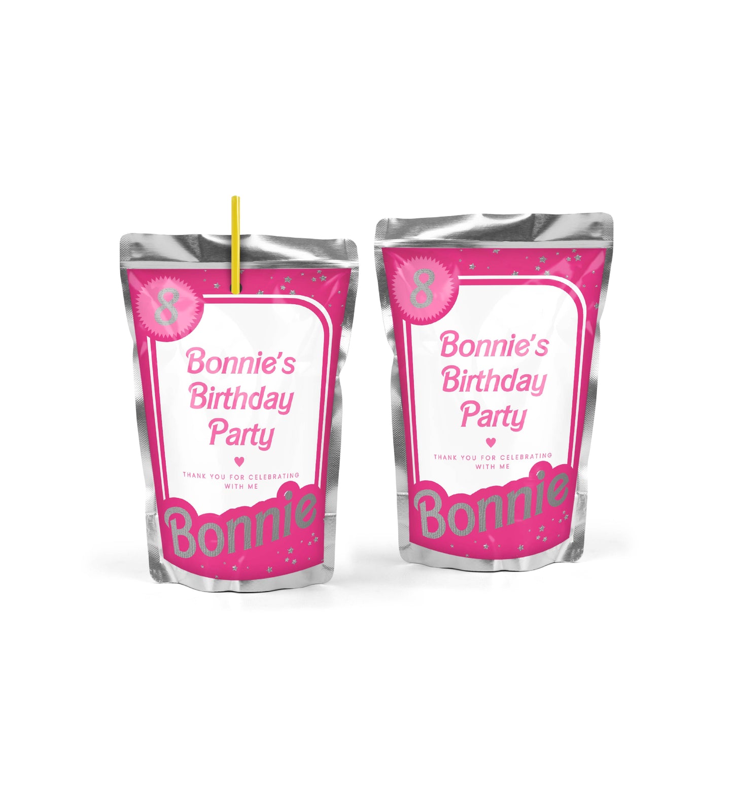 Barbie Party Hot Pink Silver | Printable Juice Pouch Label Template