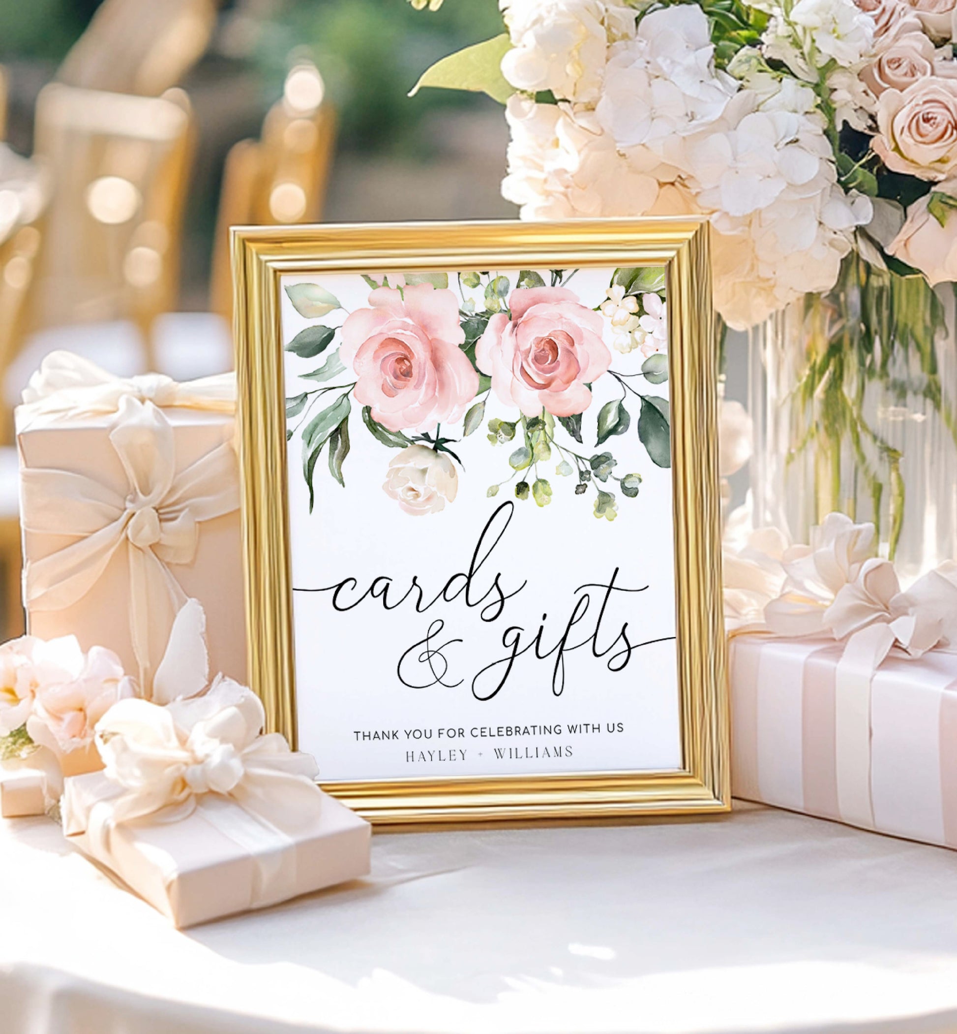 Decorative sign for cards and gifts with floral design and gold frame on a table with flowers and presents. Printable Cards and Gifts Sign, Blush Floral Wedding Present Table Sign, Printable Baby and Bridal Shower Sign, Darcy Floral Pink