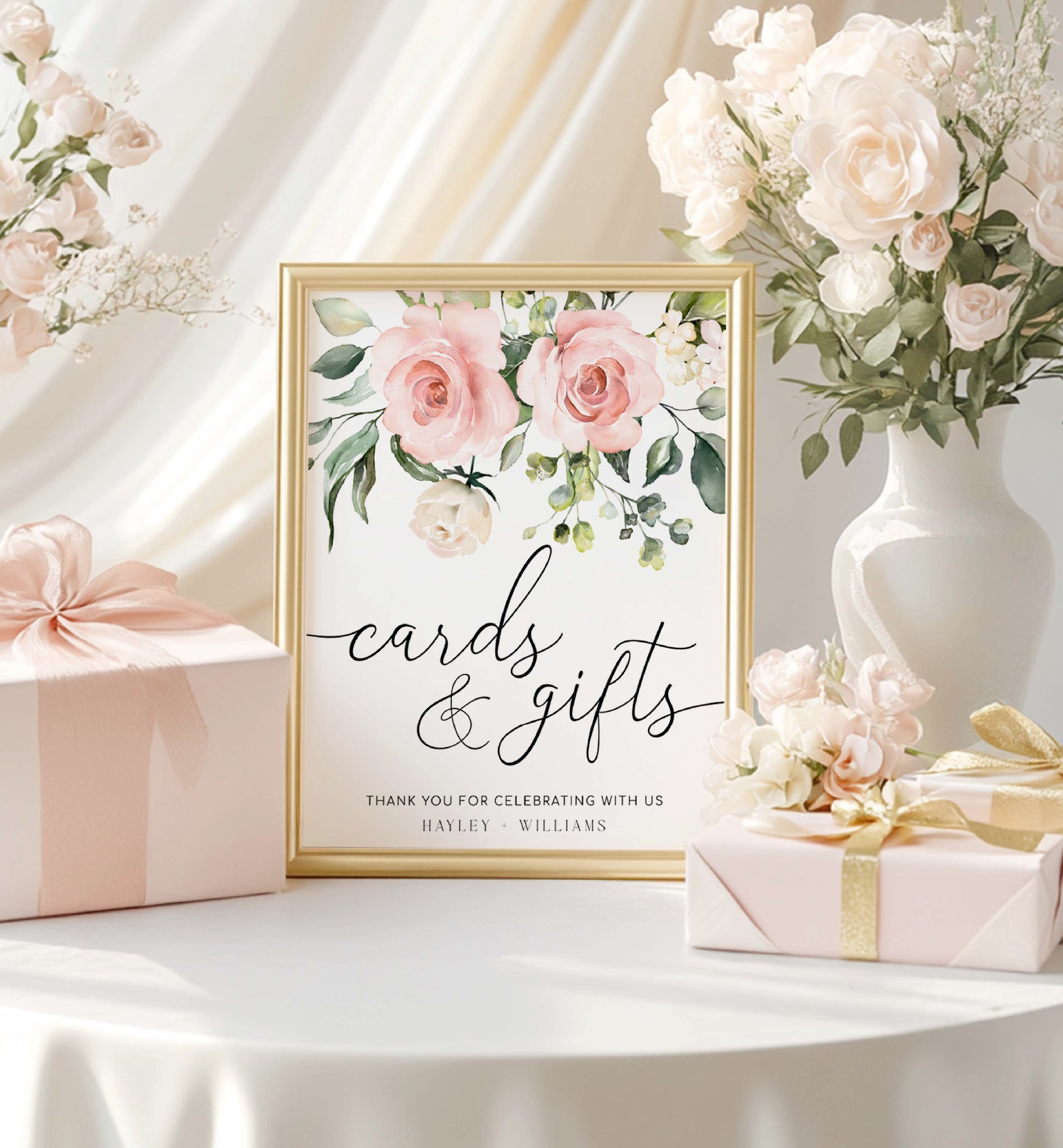 Framed sign with floral design and text, surrounded by flowers and gifts on a table. Printable Cards and Gifts Sign, Blush Floral Wedding Present Table Sign, Printable Baby and Bridal Shower Sign, Darcy Floral Pink