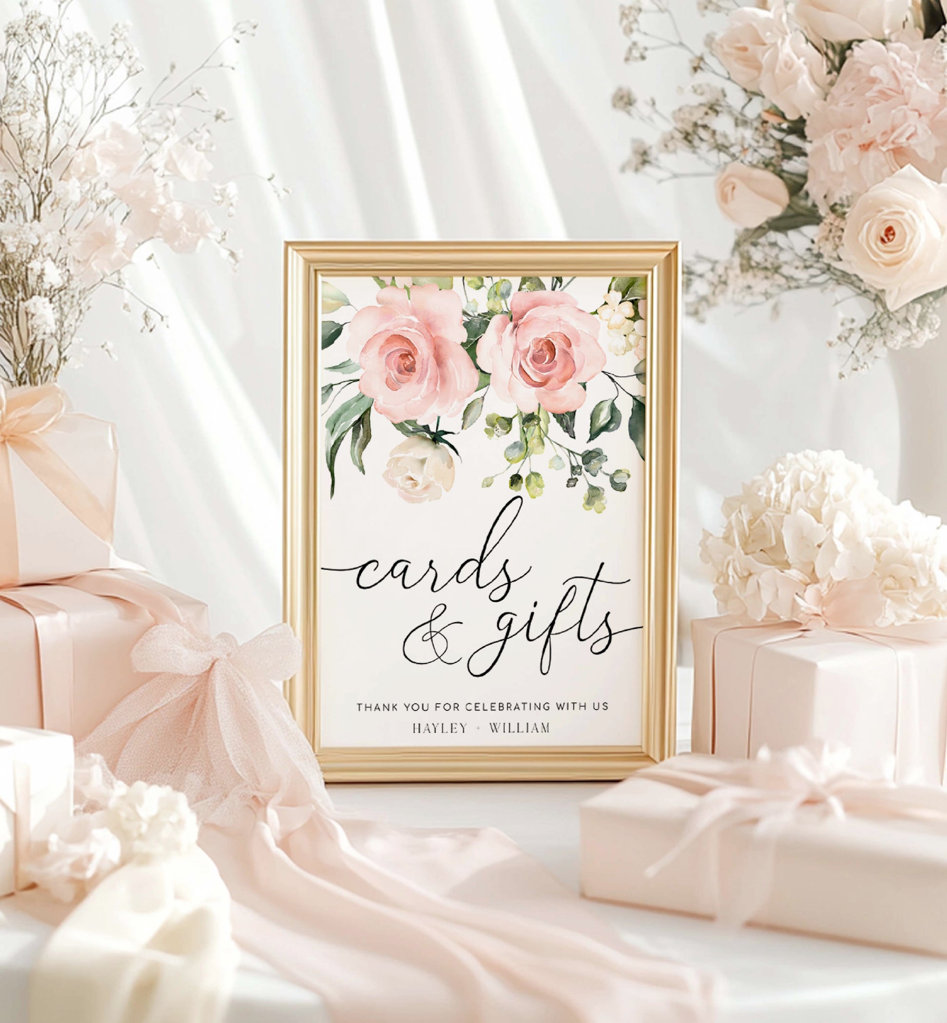 Framed 'cards & gifts' sign with floral design surrounded by gift boxes and flowers. Printable Cards and Gifts Sign, Blush Floral Wedding Present Table Sign, Printable Baby and Bridal Shower Sign, Darcy Floral Pink