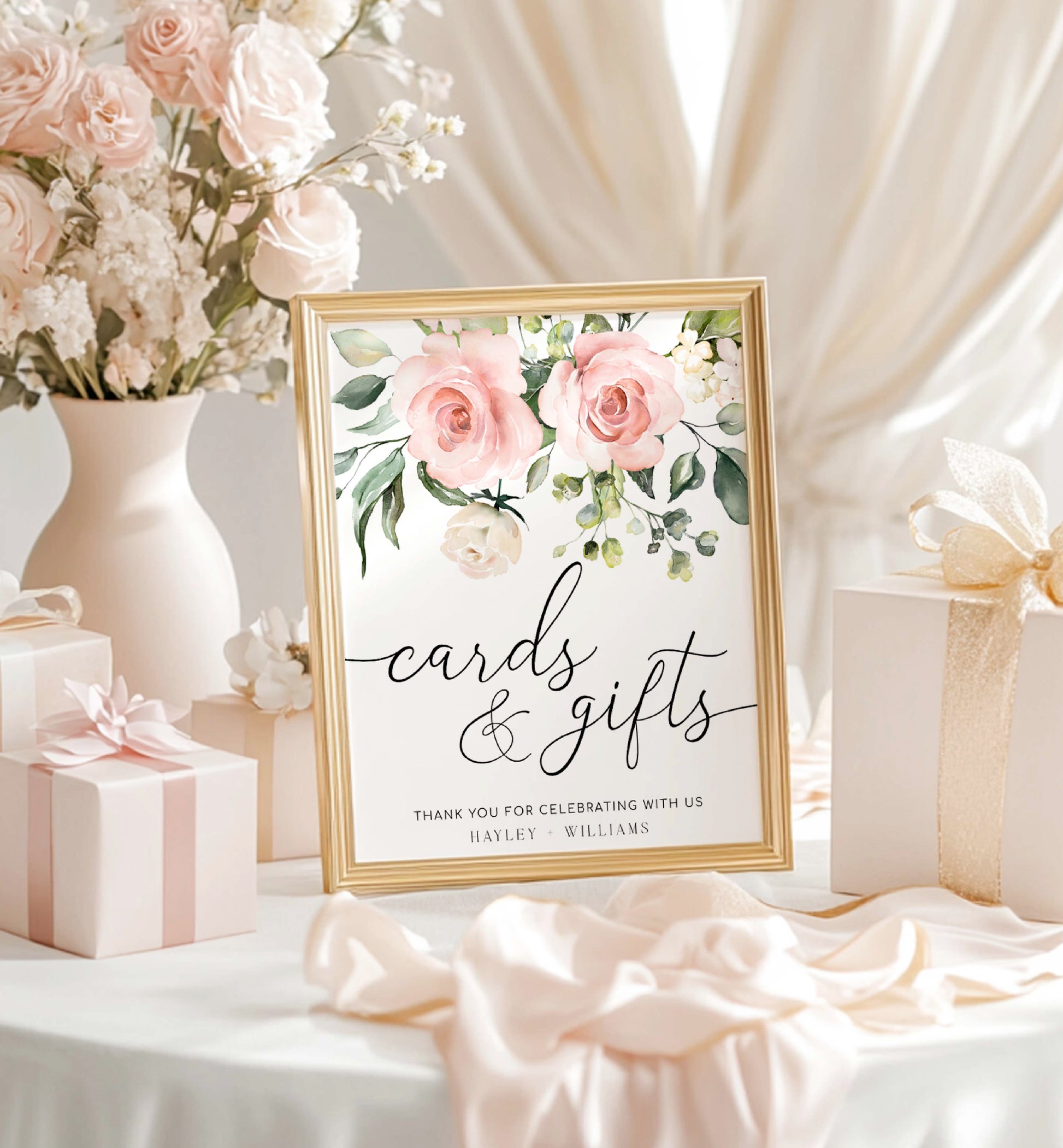 Framed 'cards & gifts' sign with floral design on a table with flowers and gifts. Printable Cards and Gifts Sign, Blush Floral Wedding Present Table Sign, Printable Baby and Bridal Shower Sign, Darcy Floral Pink