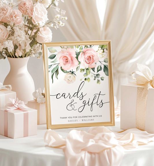 Framed 'cards & gifts' sign with floral design on a table with flowers and gifts. Printable Cards and Gifts Sign, Blush Floral Wedding Present Table Sign, Printable Baby and Bridal Shower Sign, Darcy Floral Pink