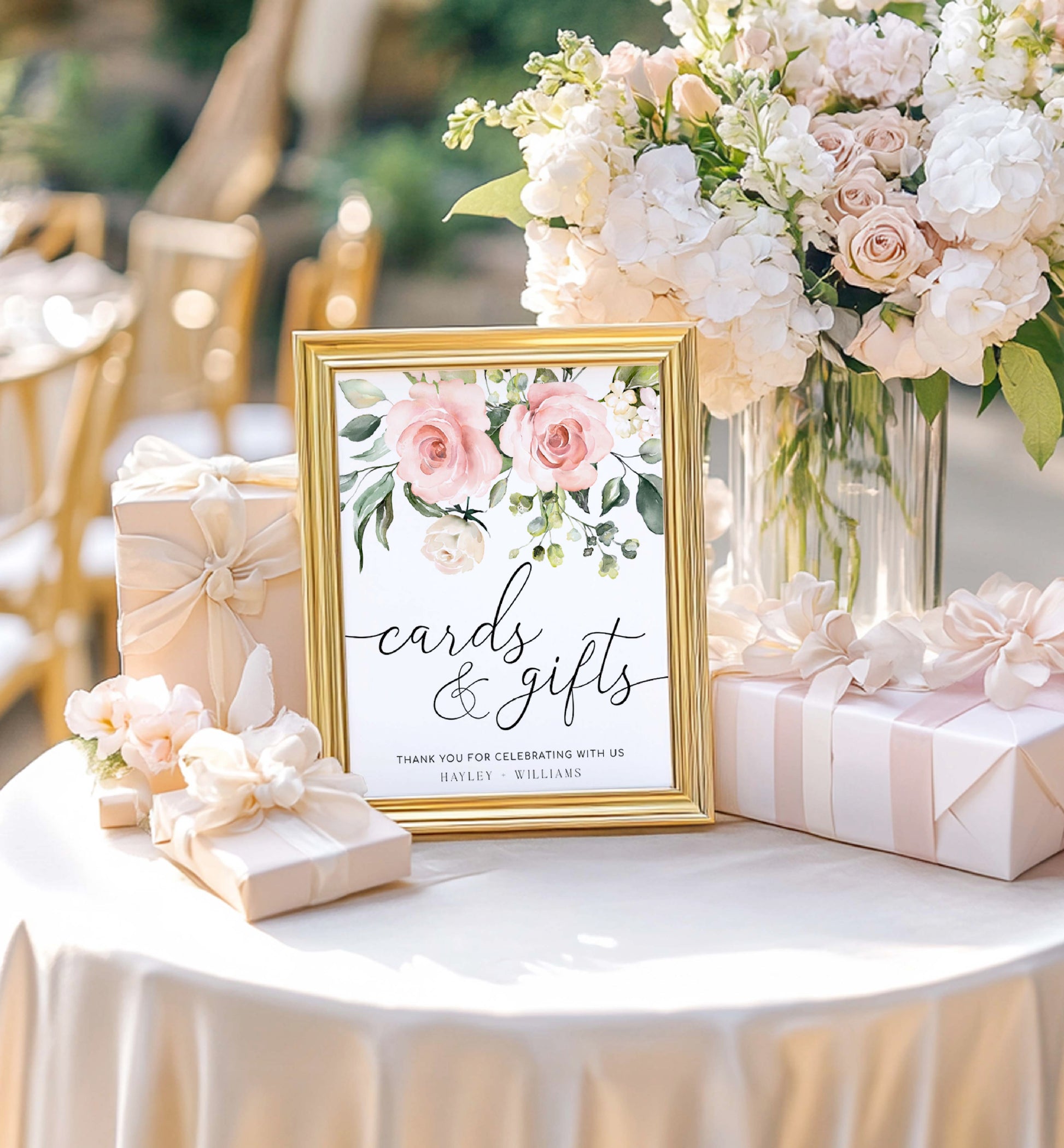 Decorative table setting with floral centerpiece, gift boxes, and 'cards & gifts' sign. Printable Cards and Gifts Sign, Blush Floral Wedding Present Table Sign, Printable Baby and Bridal Shower Sign, Darcy Floral Pink