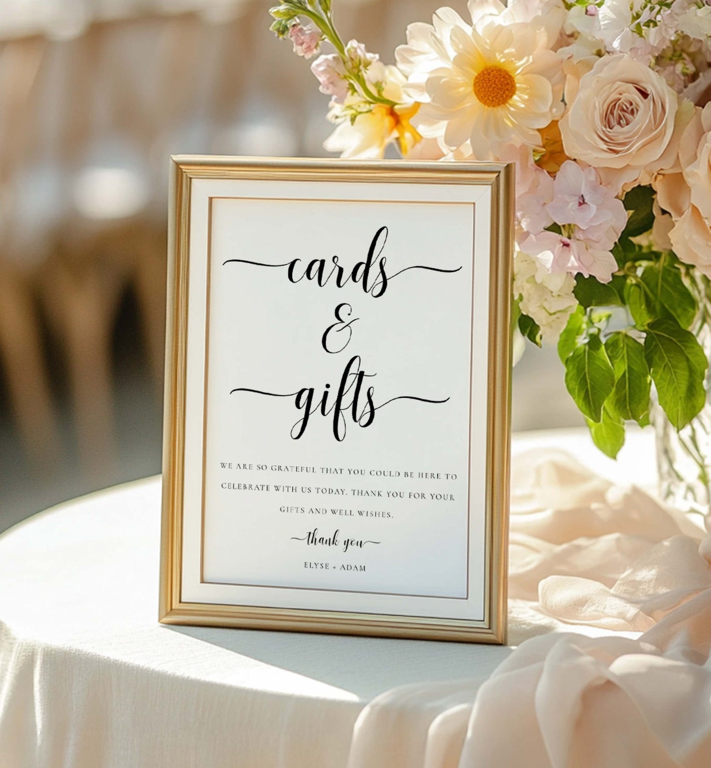 Framed sign for cards and gifts with floral arrangement on a table. Cards and Gifts Sign, Minimalist Wedding Present Table Sign, Printable Wedding Gifts Sign, Modern Baby Shower Cards & Gifts Sign, Leyton