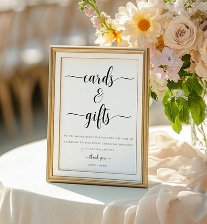 Framed sign for cards and gifts with floral arrangement on a table. Cards and Gifts Sign, Minimalist Wedding Present Table Sign, Printable Wedding Gifts Sign, Modern Baby Shower Cards & Gifts Sign, Leyton