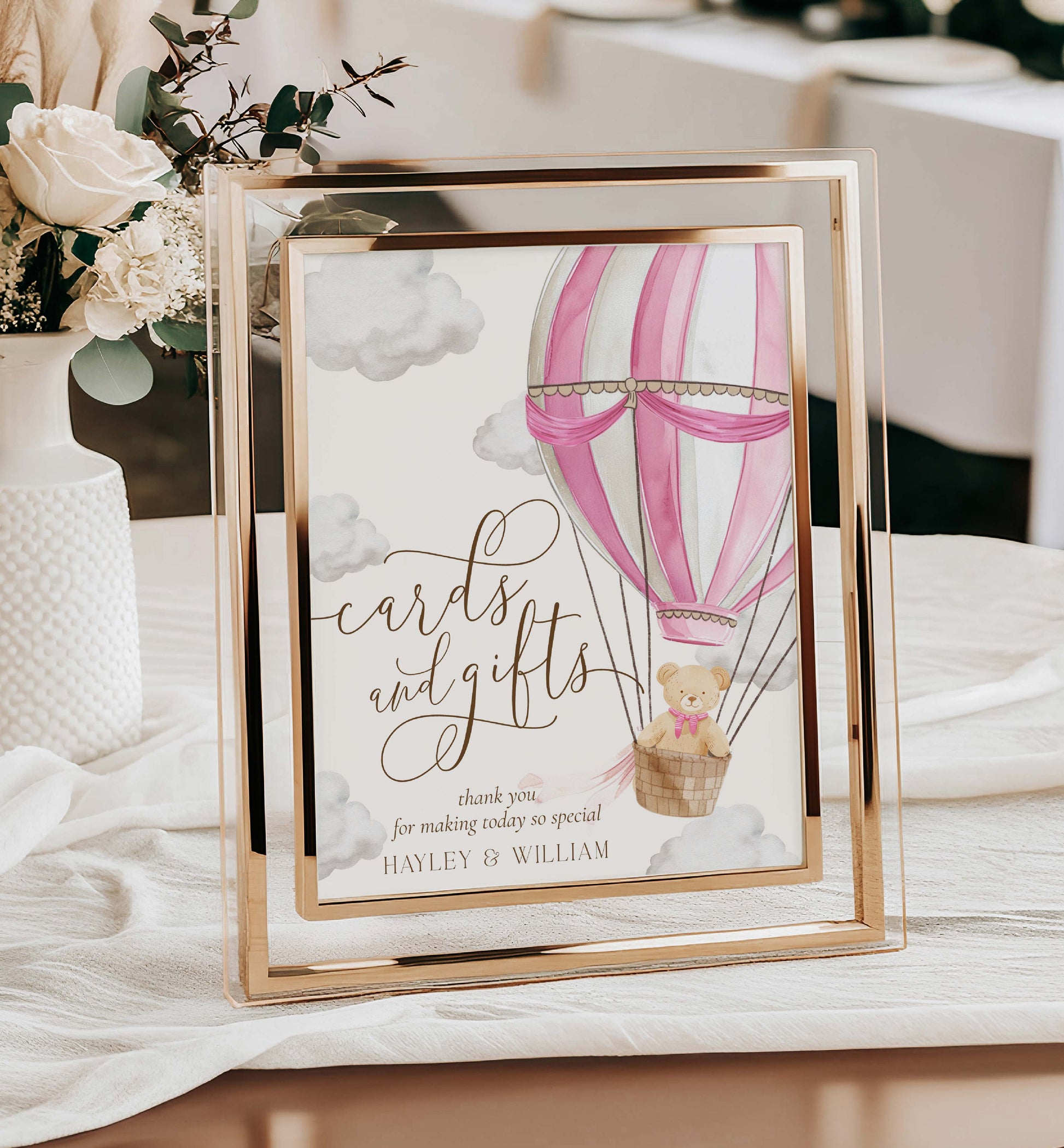 Printable Cards and Gifts Sign Template, Bearly Wait Teddy Bear Pink Hot Air Balloon, Girl Baby Shower Present Table Sign