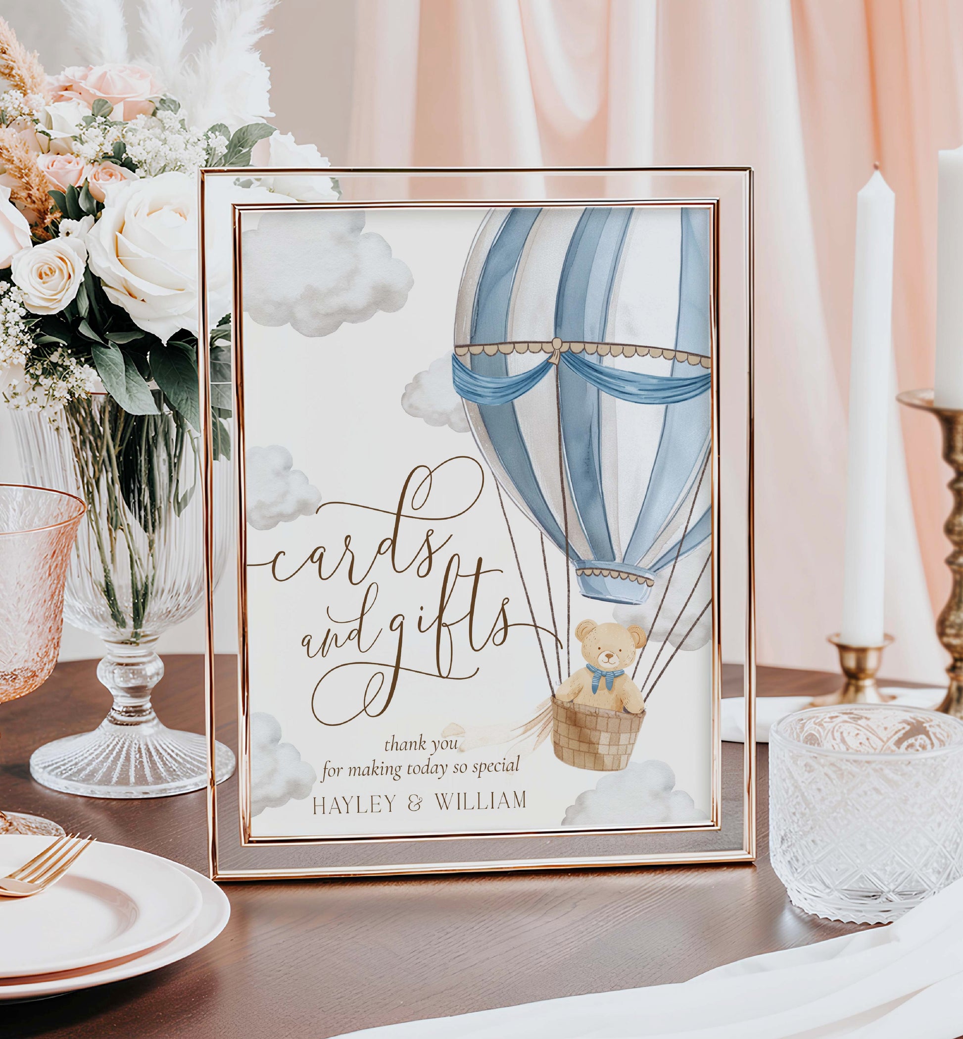 Printable Cards and Gifts Sign Template, Bearly Wait Teddy Bear Hot Air Balloon, Boy Baby Shower Present Table Sign, Boy Baby Shower Sign
