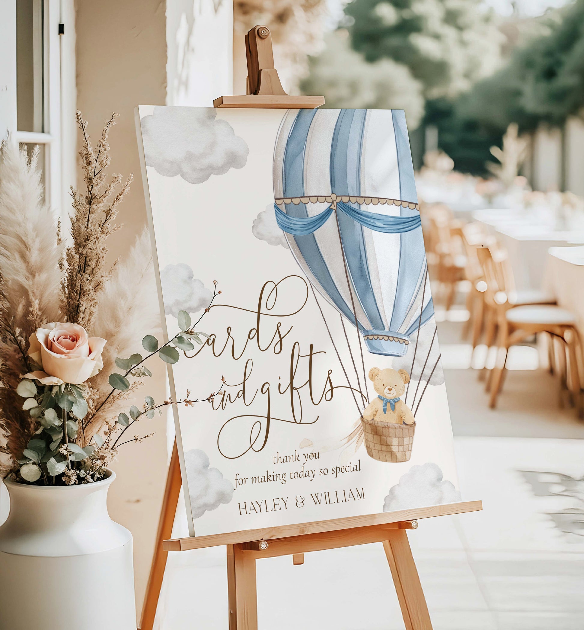 Printable Cards and Gifts Sign Template, Bearly Wait Teddy Bear Hot Air Balloon, Boy Baby Shower Present Table Sign, Boy Baby Shower Sign