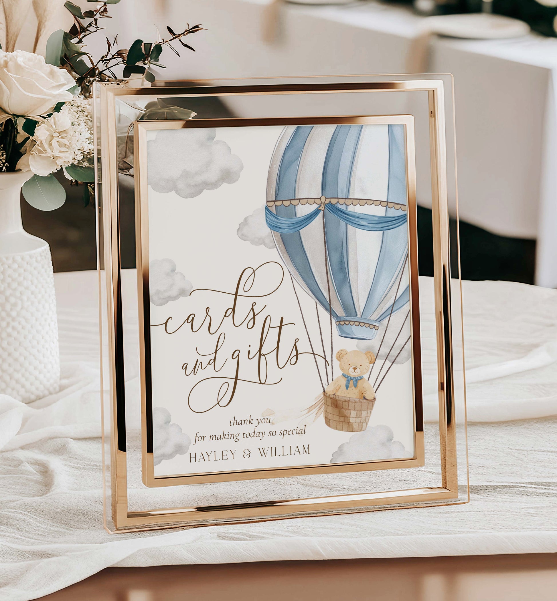 Printable Cards and Gifts Sign Template, Bearly Wait Teddy Bear Hot Air Balloon, Boy Baby Shower Present Table Sign, Boy Baby Shower Sign