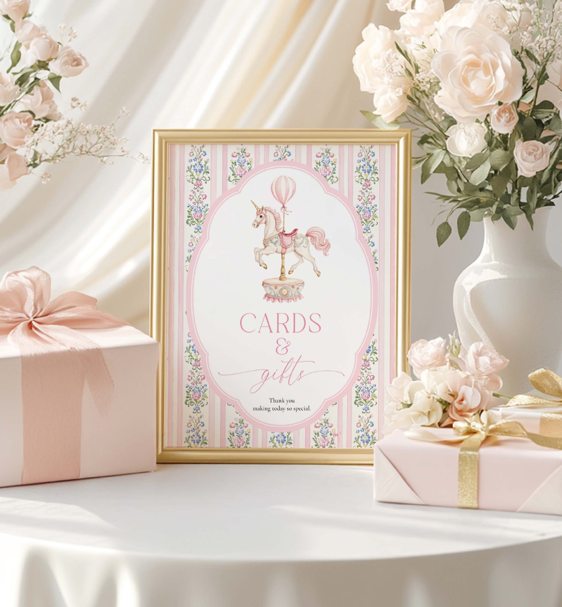 Decorative sign with 'Cards & Gifts' text, framed in gold, surrounded by floral arrangements and gift boxes on a white surface. Printable Cards and Gifts Sign, Vintage Carousel Unicorn Horse, Present Table Sign, Girl Baby Shower Sign, First Birthday Gift Table Sign